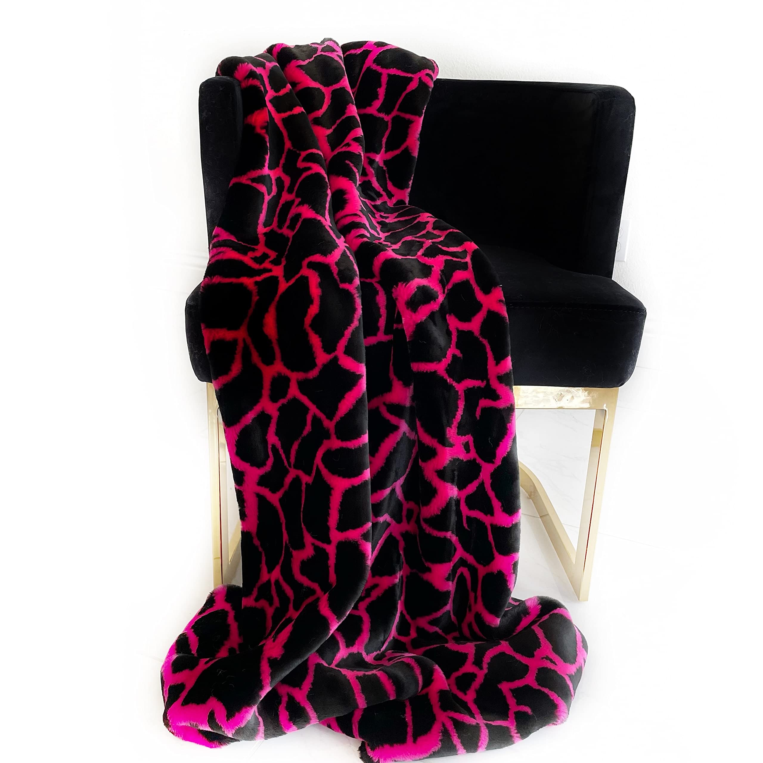 Plutus Pink Black Plush Faux Fur Luxury Throw Blanket 60In X 72In