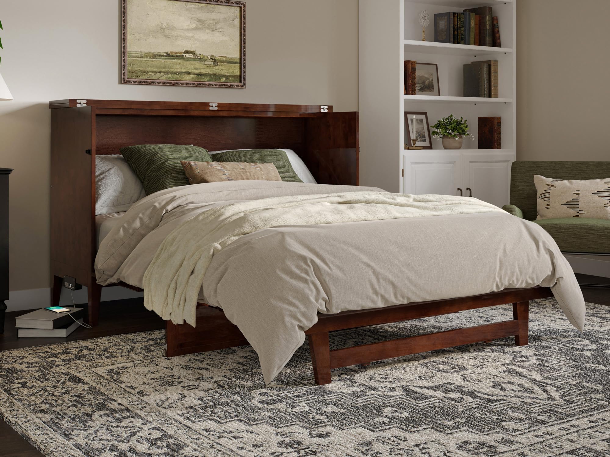 Santa Fe Queen Solid Wood Murphy Bed Chest with Mattress and Built-in Charger in Walnut