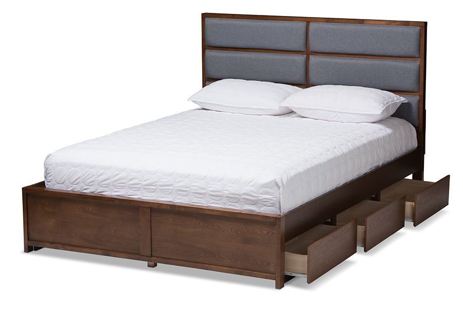 Baxton Studio Macey Modern And Contemporary Dark Grey Fabric Upholstered Walnut Finished King Size Storage Platform Bed