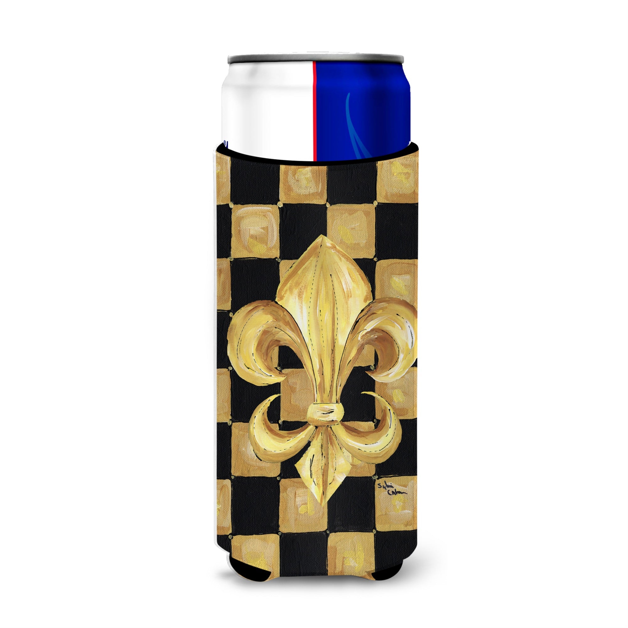 Black Gold Checkered Flag Fleur De Lis Ultra Beverage Insulators For Slim Cans 8197Muk