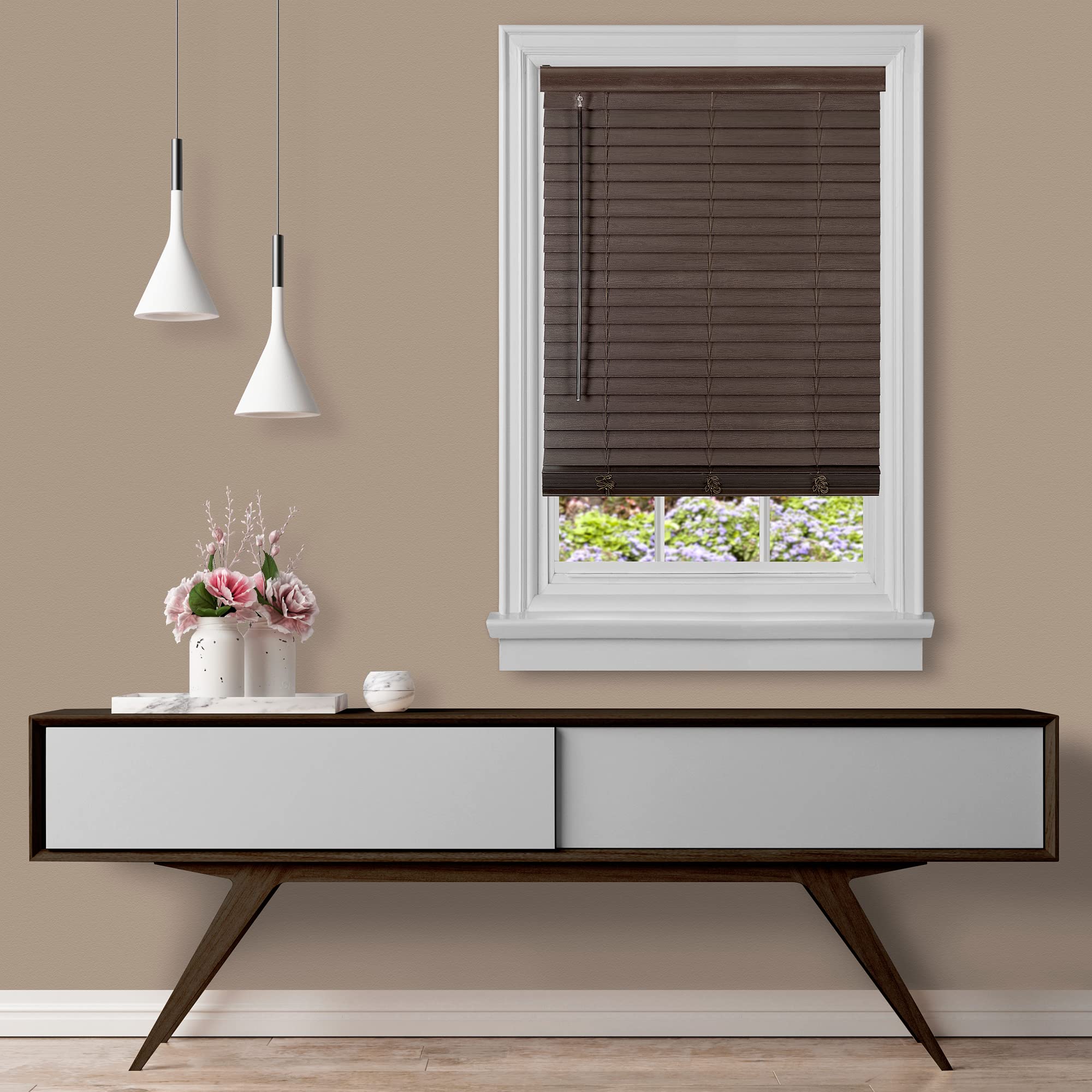 Cordless GII Madera Falsa 2 Faux Wood Plantation Blind 32x64 - Mahogany