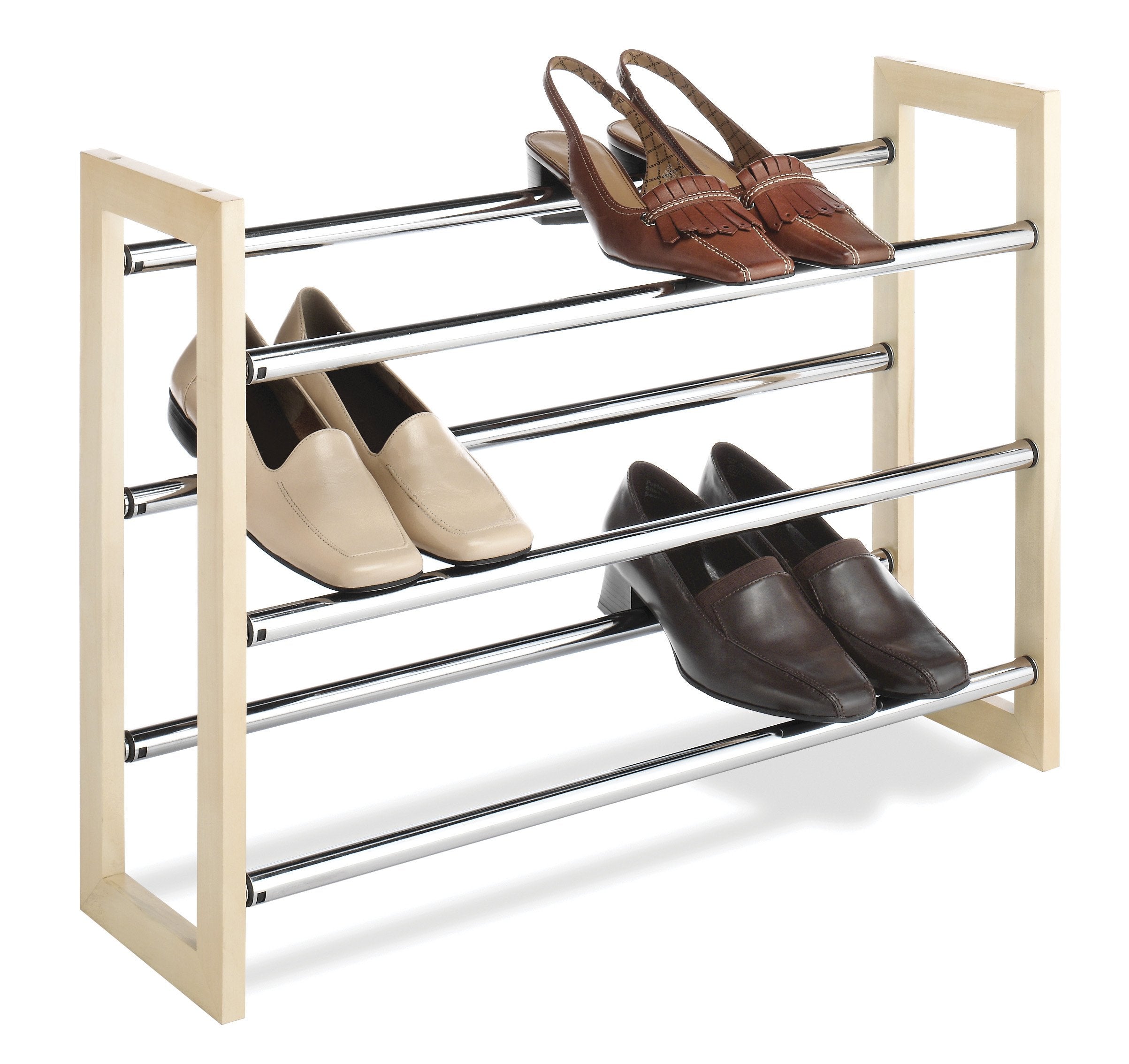 Whitmor Whitmor 3 Tier Expandable Shoe Rack -Stackable - Natural Wood and Chrome