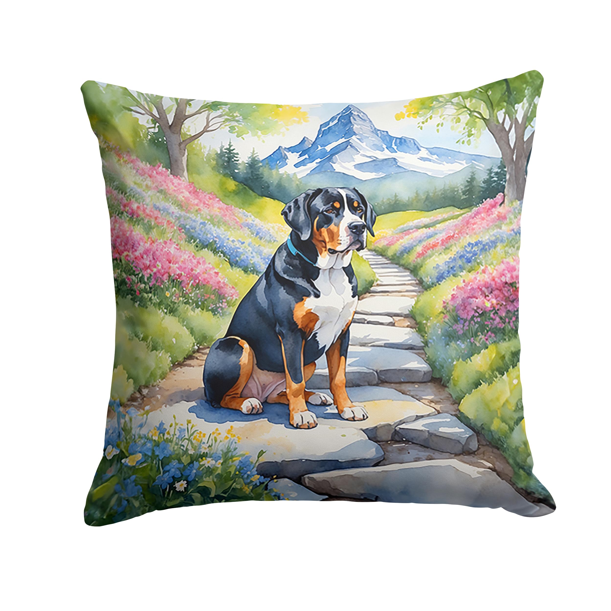 Carolines Treasures Greater Swiss Mountain Dog Spring Path Throw Pillow Machine Washable, Indoor Outdoor Decorative Pillow for Couch, Bed or Patio, 14Hx14W