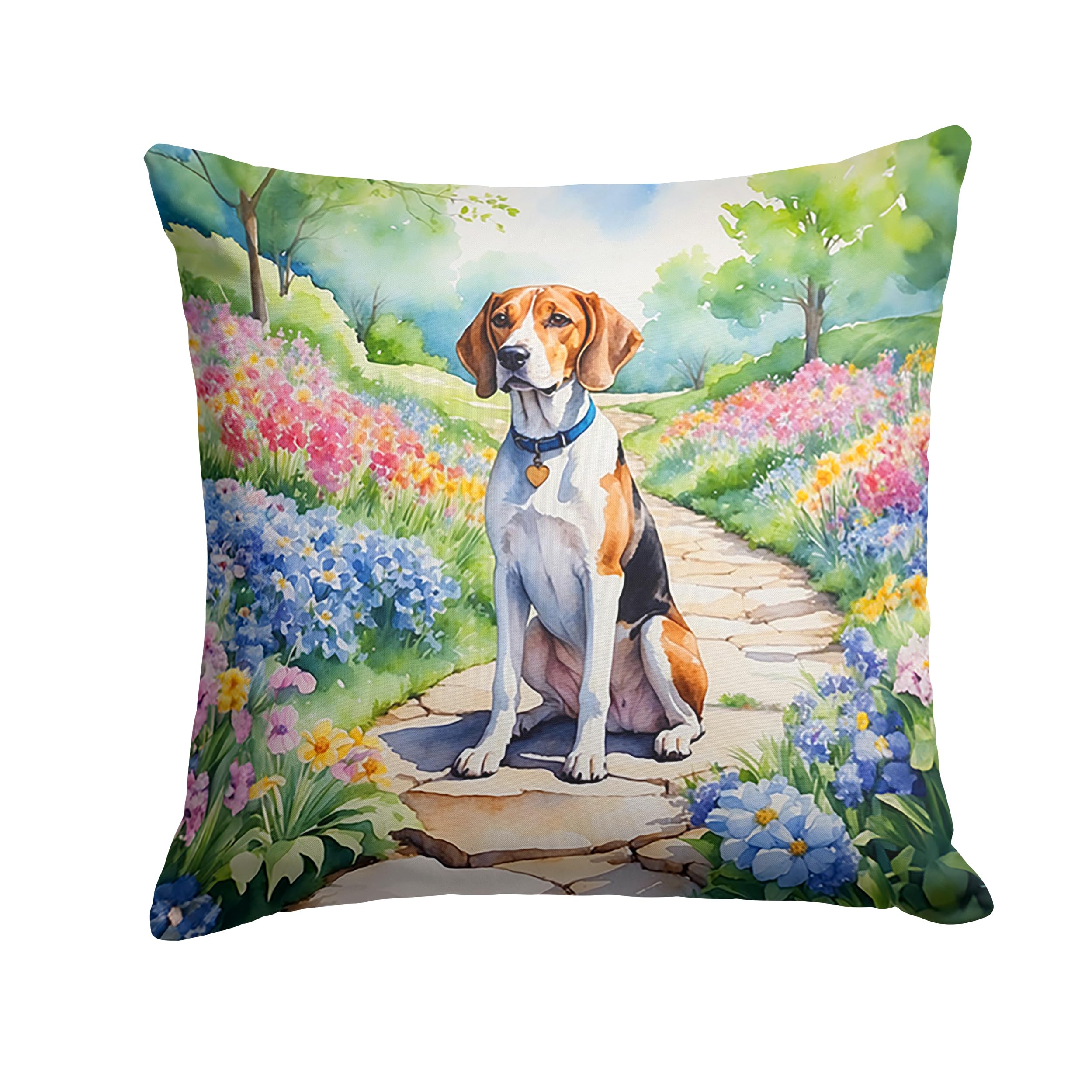 Carolines Treasures English Foxhound Spring Path Throw Pillow Machine Washable, Indoor Outdoor Decorative Pillow for Couch, Bed or Patio, 18Hx18W