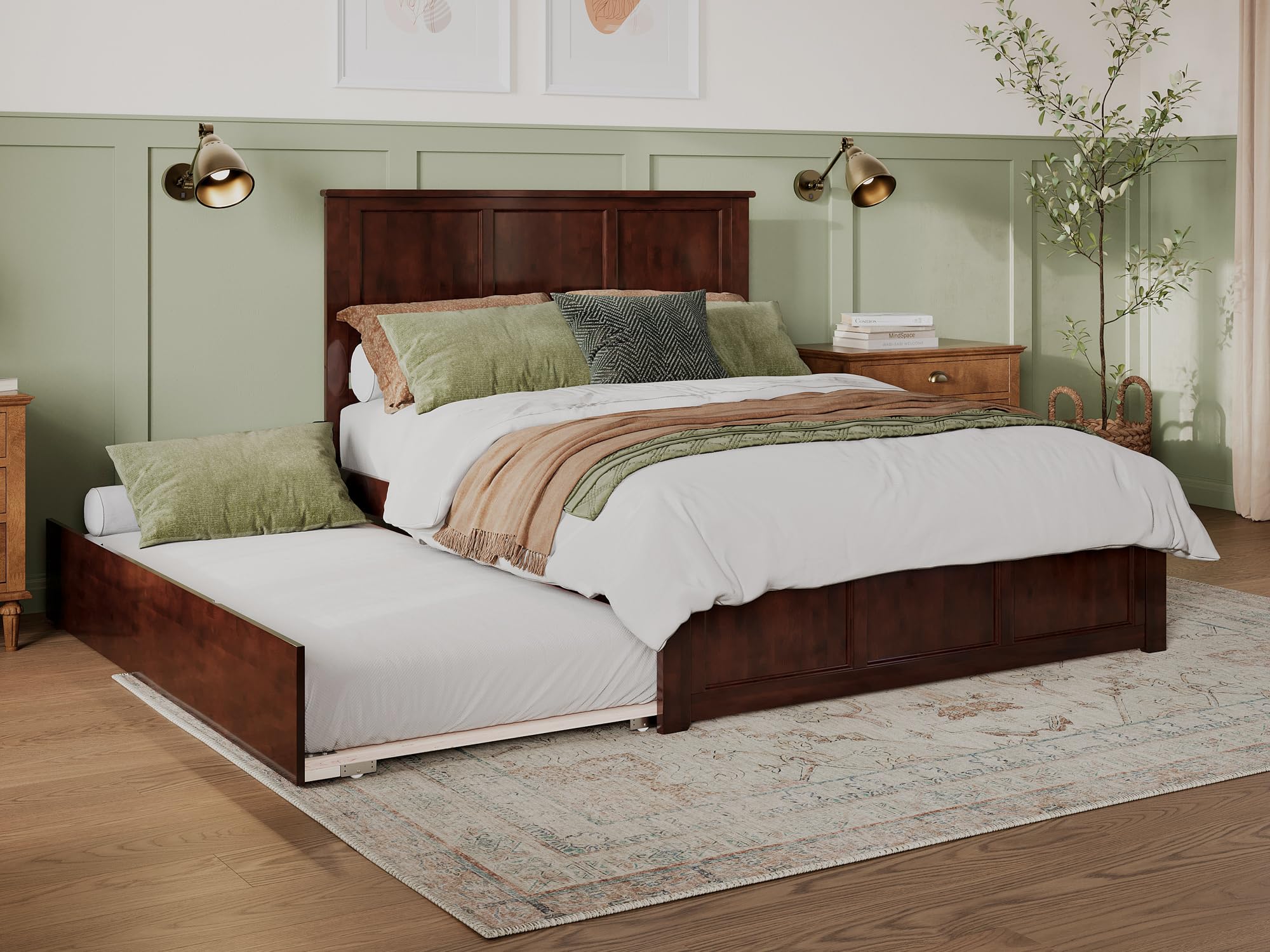 Madison Queen Solid Wood Platform Bed with Matching Footboard & Twin XL Trundle in Walnut
