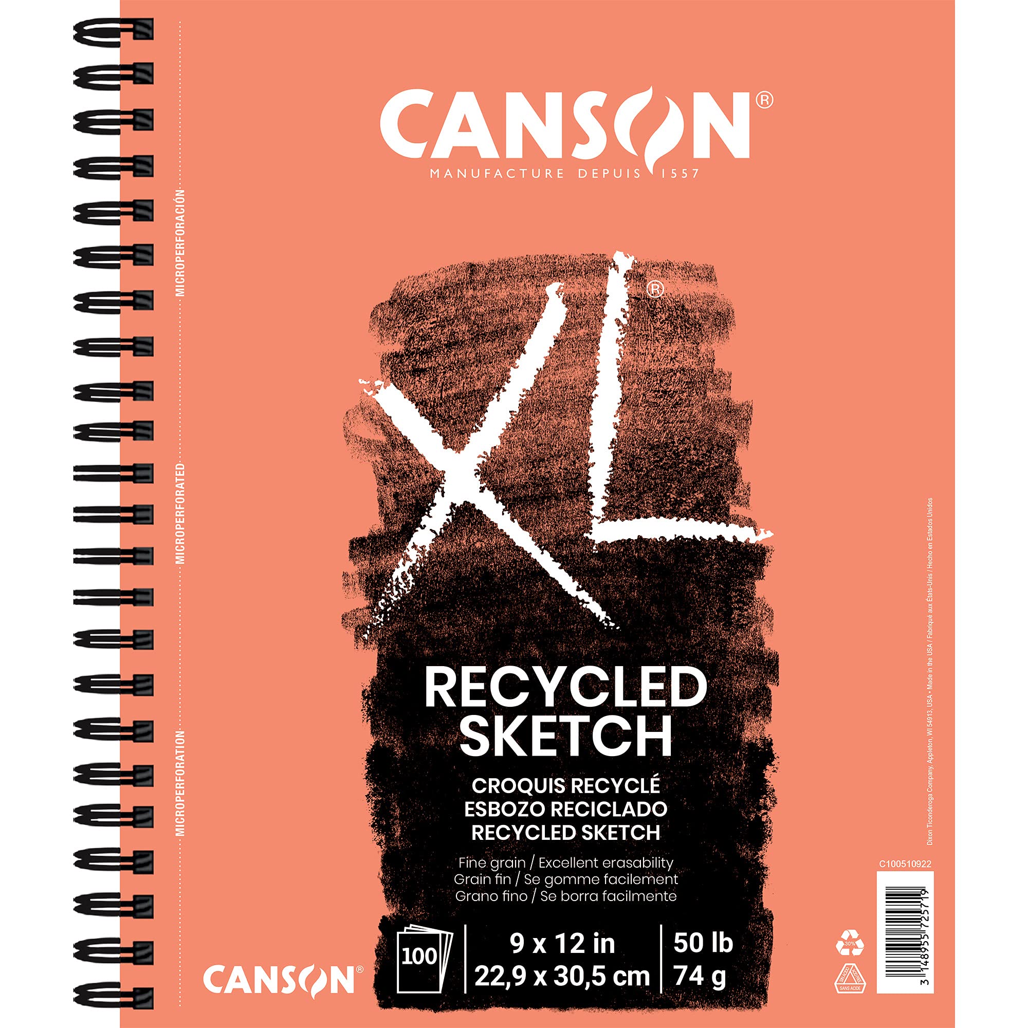 Canson Xl Series Recycled Paper Sketch Pad, Side Wire Bound, 50 Pound, 9 X 12 Inch, 100 Sheets
