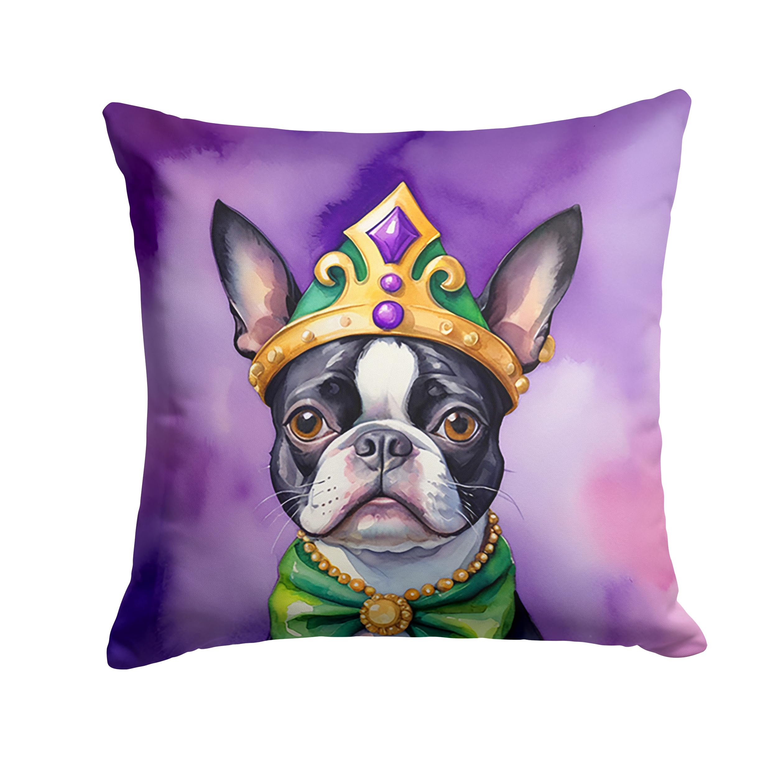 Carolines Treasures Boston Terrier King of Mardi Gras Throw Pillow Machine Washable, Indoor Outdoor Decorative Pillow for Couch, Bed or Patio, 14Hx14W