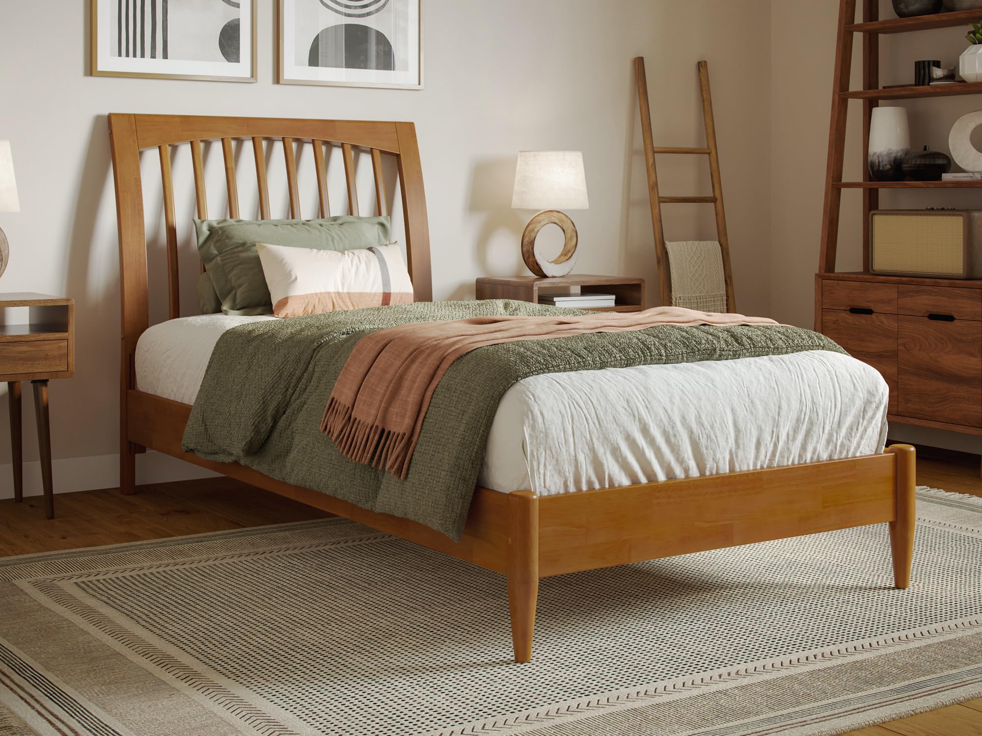 Orleans Twin XL Solid Wood Low Profile Sleigh Platform Bed in Light Toffee