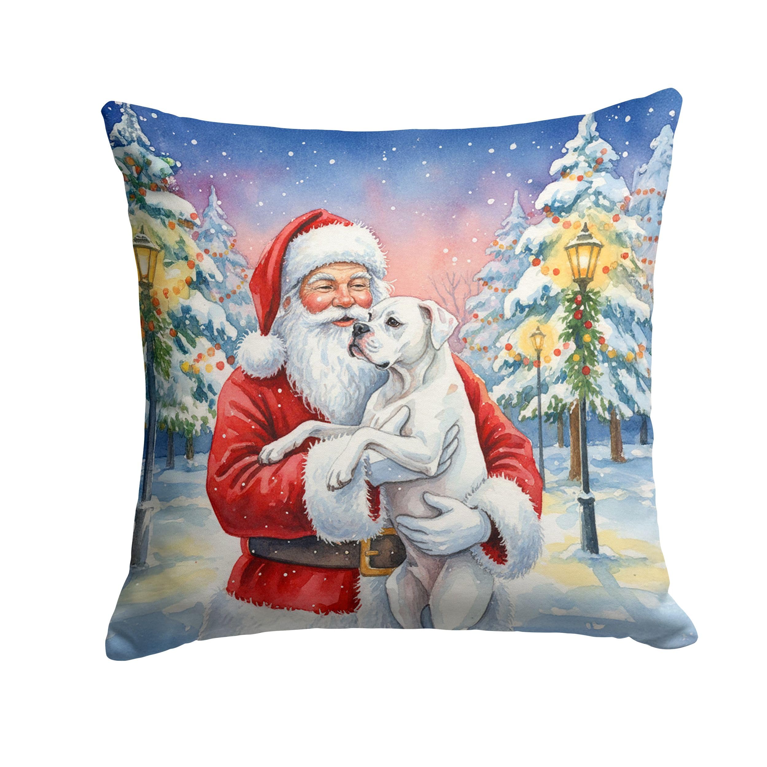 Carolines Treasures White Boxer with Santa Claus Throw Pillow Decorative Indoor Outdoor Accent Cushion for Couch, Bed or Patio, 14Hx14W