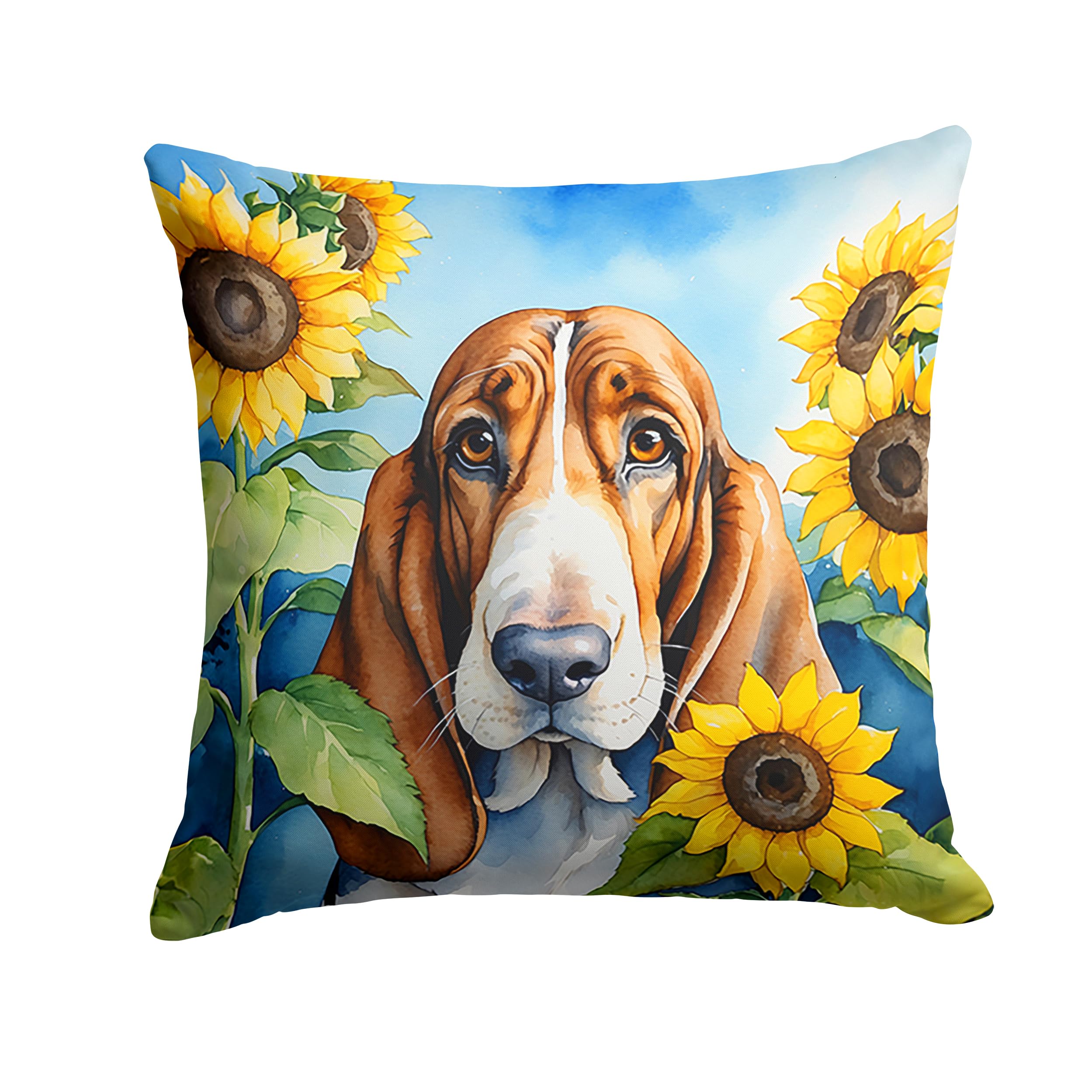 Basset Hound in Sunflowers Throw Pillow