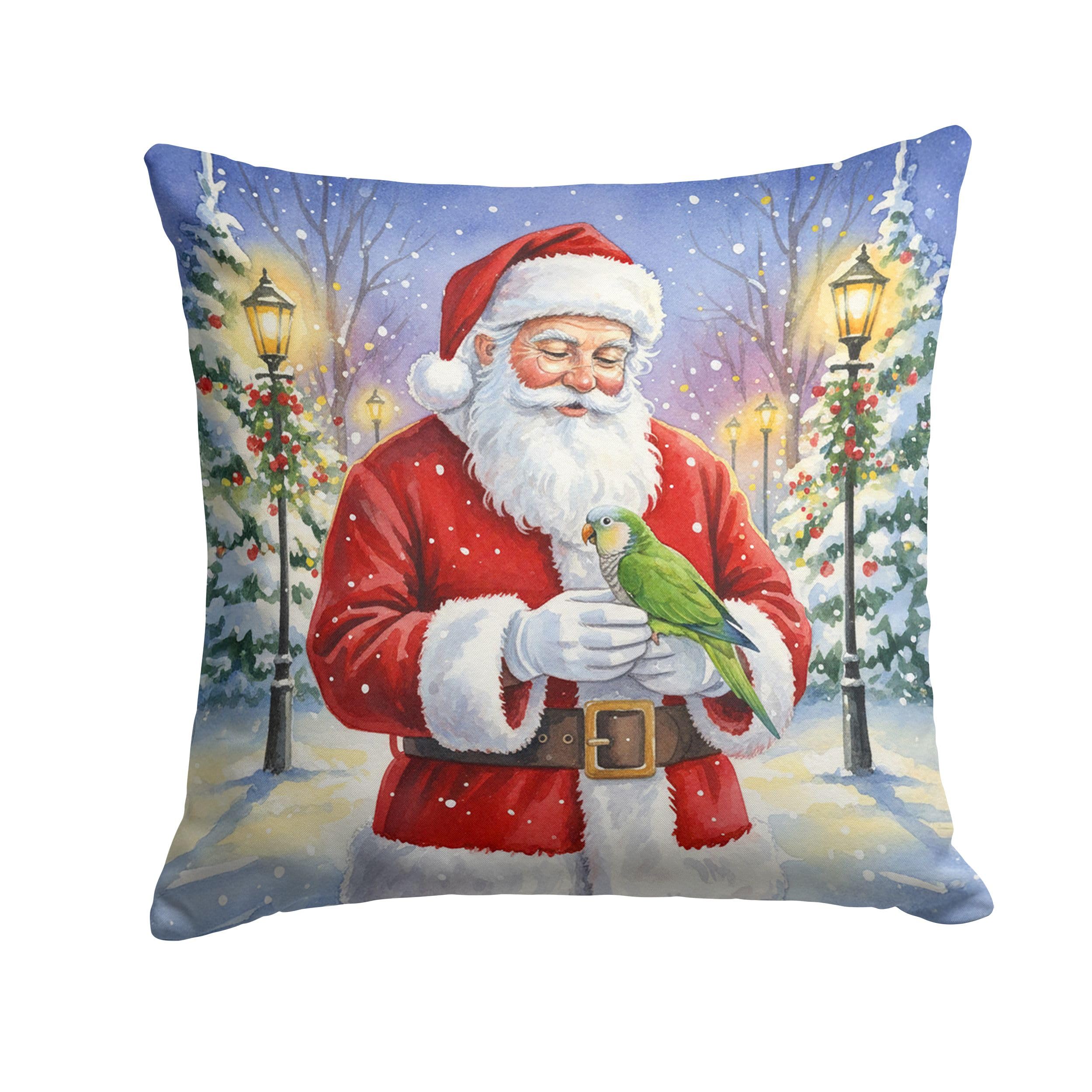 Carolines Treasures Green Quaker Parrot with Santa Claus Throw Pillow Decorative Indoor Outdoor Accent Cushion for Couch, Bed or Patio, 14Hx14W