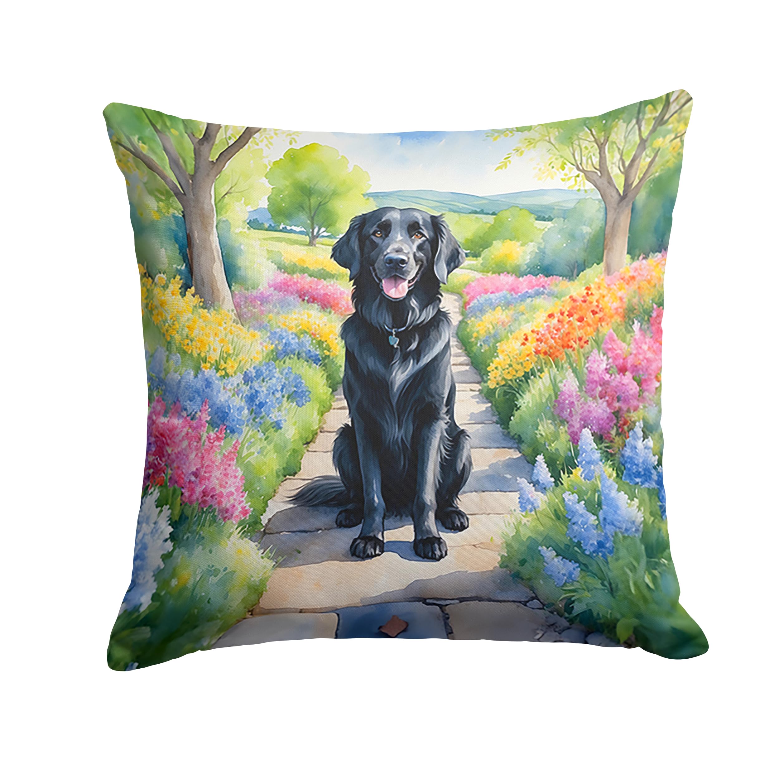 Carolines Treasures Flat-Coated Retriever Spring Path Throw Pillow Machine Washable, Indoor Outdoor Decorative Pillow for Couch, Bed or Patio, 14Hx14W