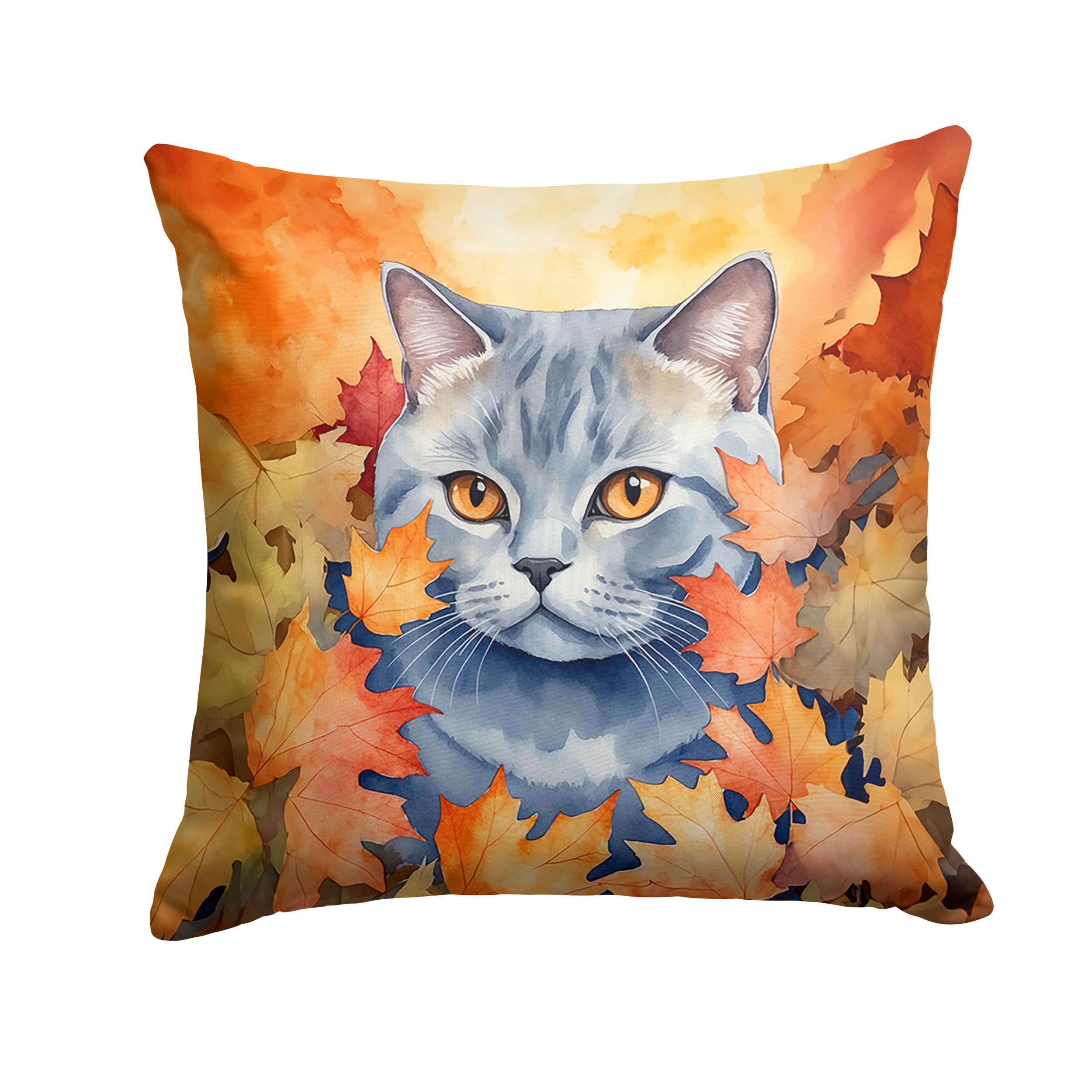 Carolines Treasures British Shorthair Cat in Fall Leaves Throw Pillow Machine Washable, Indoor Outdoor Decorative Pillow for Couch, Bed or Patio, 14Hx14W
