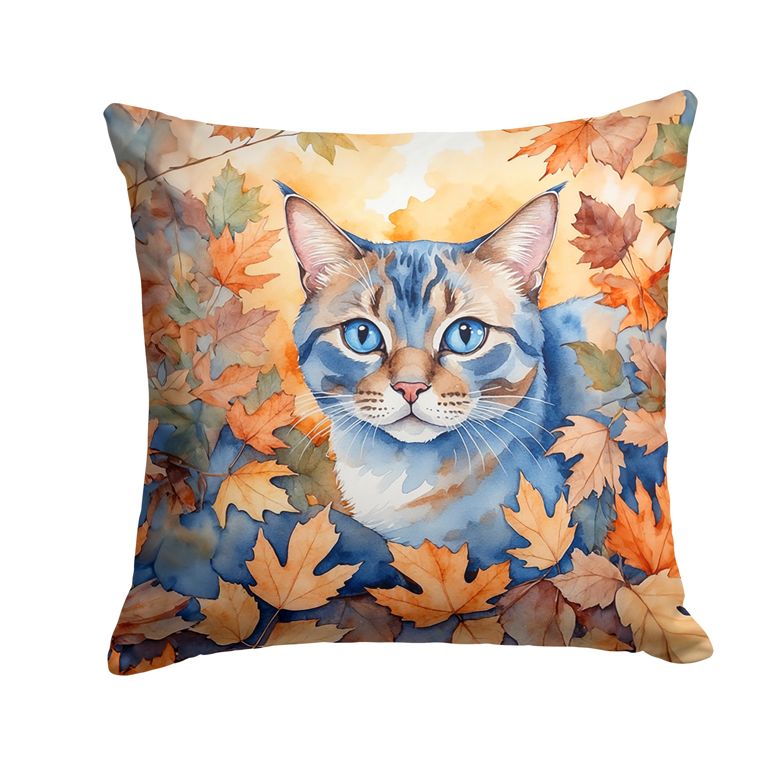 Carolines Treasures Ojos Azules Cat in Fall Leaves Throw Pillow Machine Washable, Indoor Outdoor Decorative Pillow for Couch, Bed or Patio, 14Hx14W