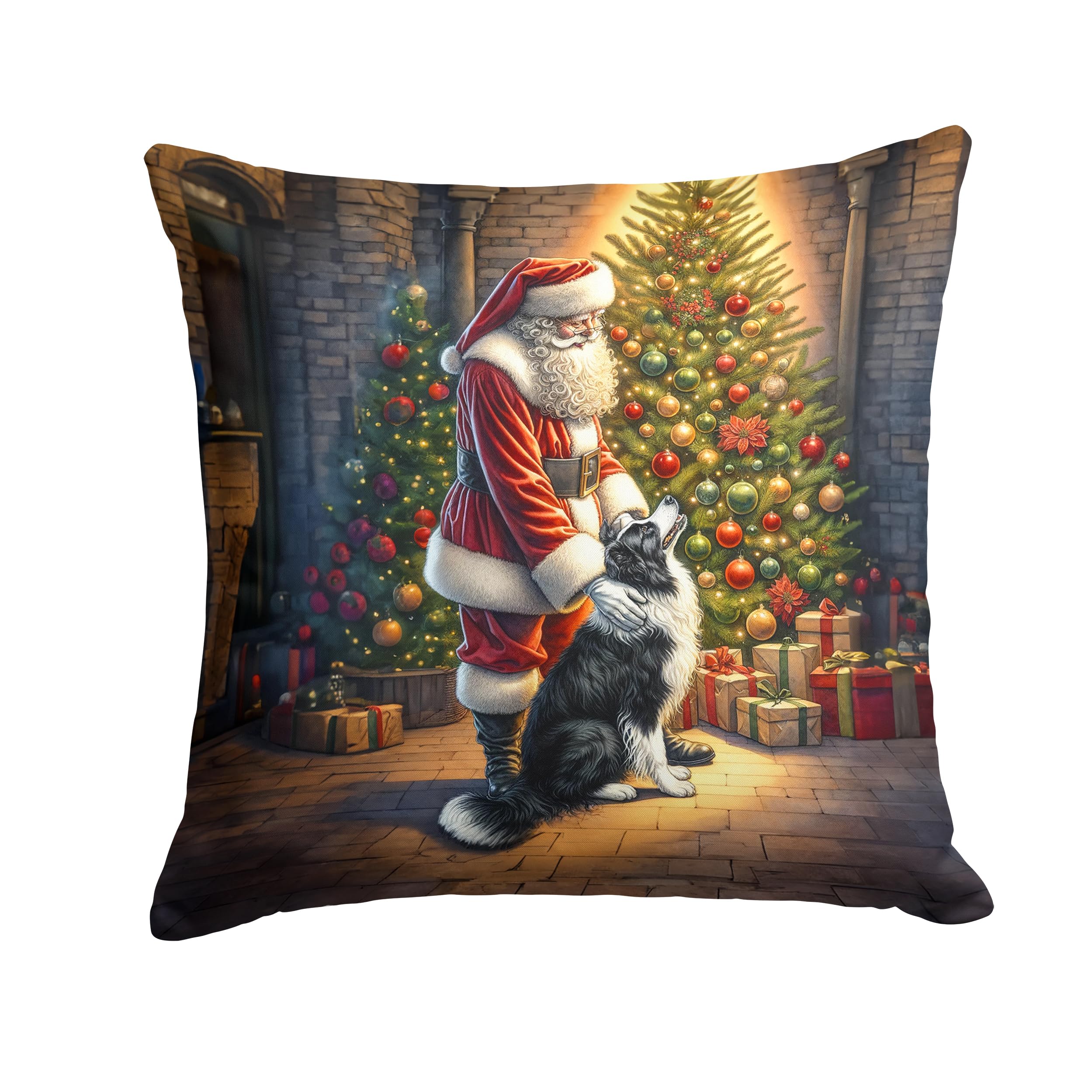 Carolines Treasures Border Collie and Santa Claus Throw Pillow Machine Washable, Indoor Outdoor Decorative Pillow for Couch, Bed or Patio, 14Hx14W