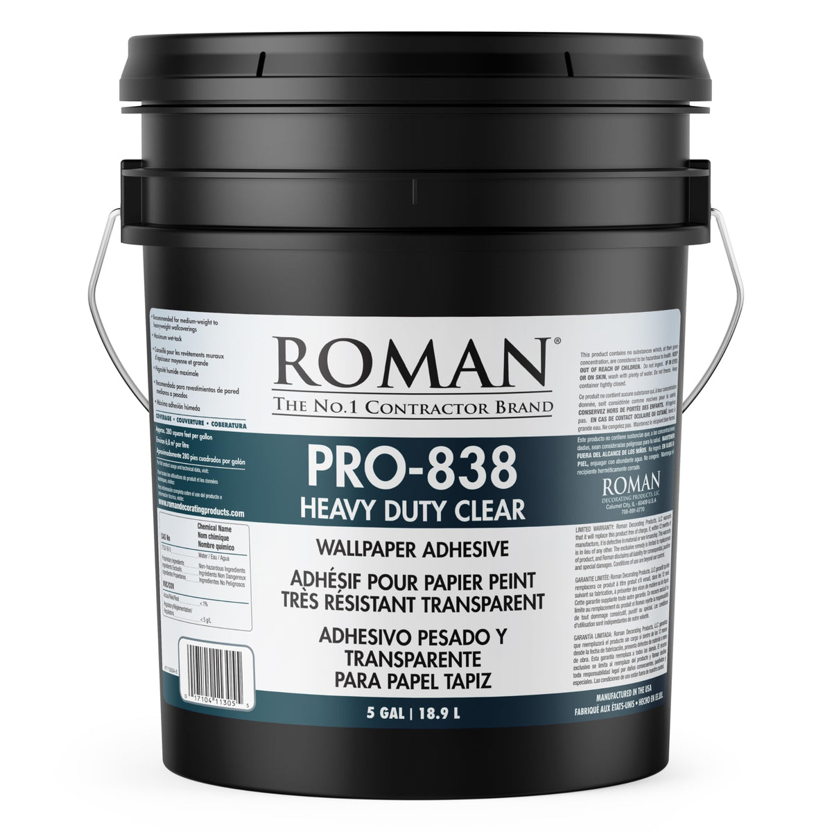 Roman Pro-838 Heavy Duty Clear Wallpaper Adhesive, For Commercial Weight Wallcoverings, Wall Carpet, Non-Wovens, And More, 5 Gal