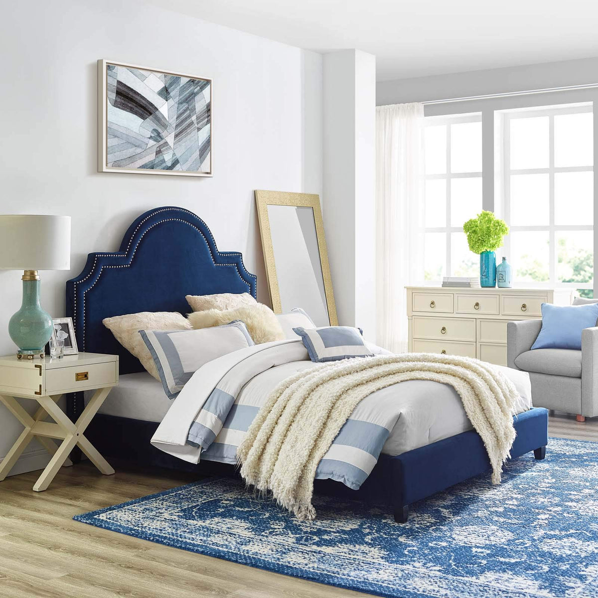 Modway Primrose Performance Velvet Queen Platform Bed With Nailhead Trim In Navy