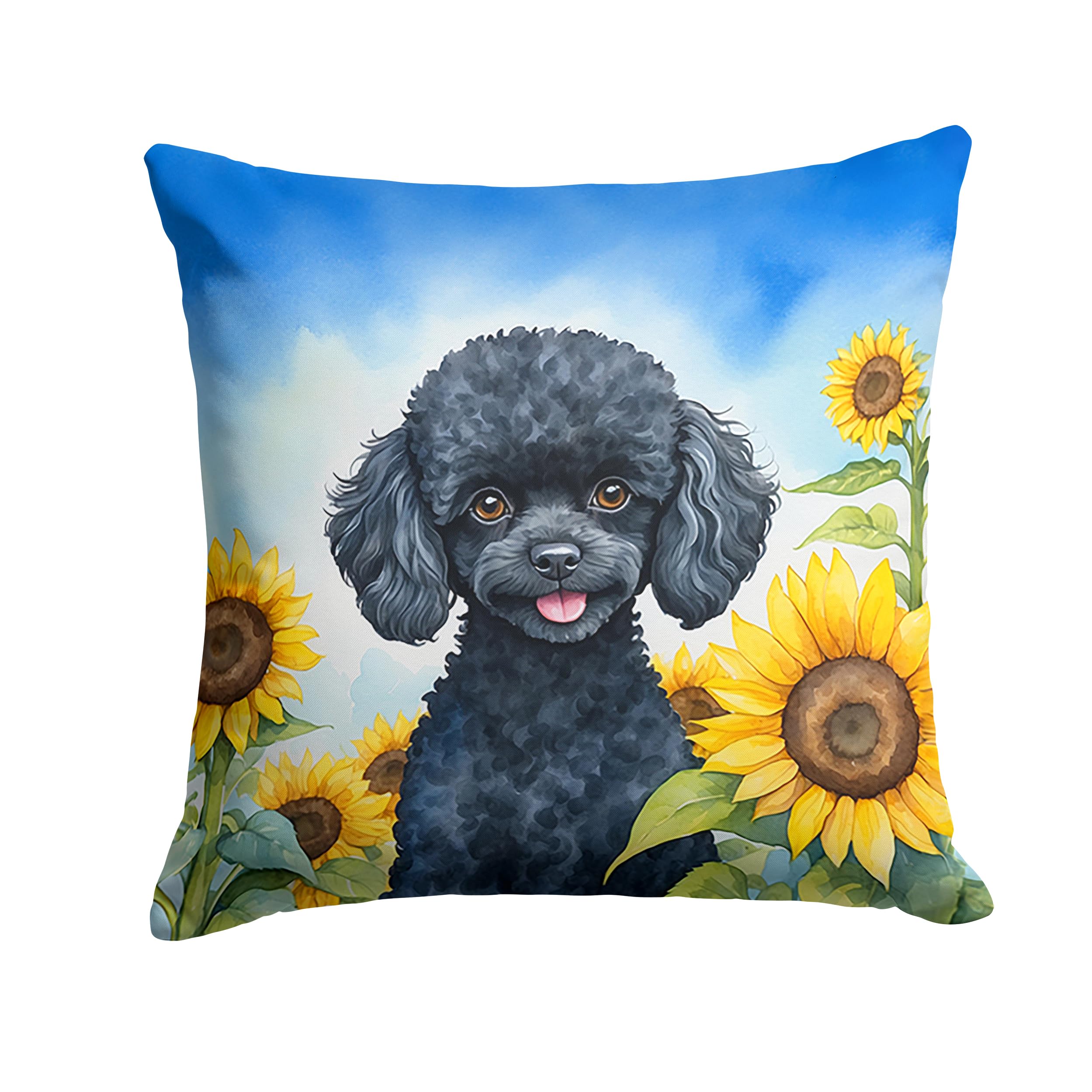 Black Poodle in Sunflowers Throw Pillow