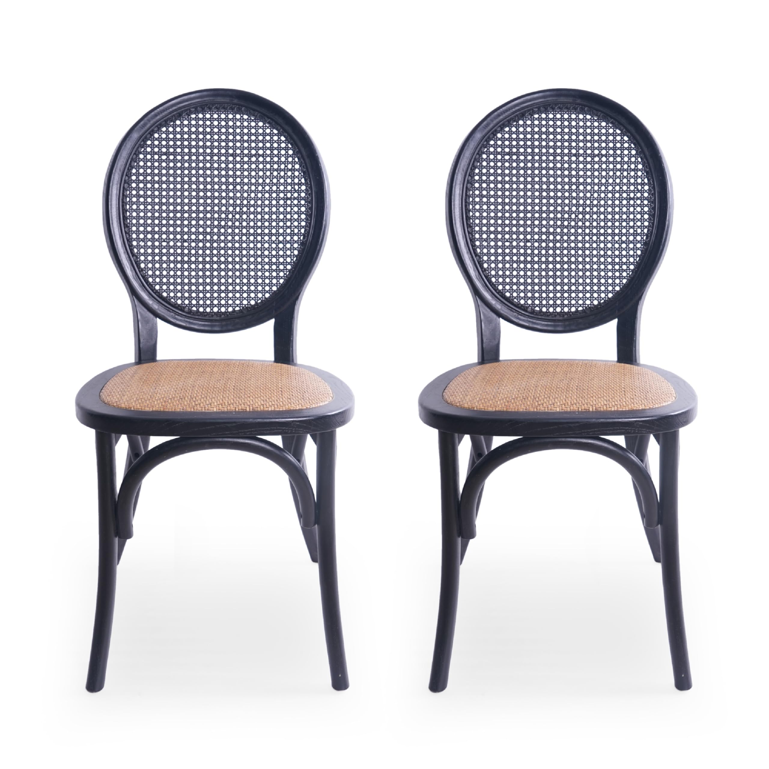 Dining Chair Set of 2, Matte Black Rattan Woven Back and Brown Seat
