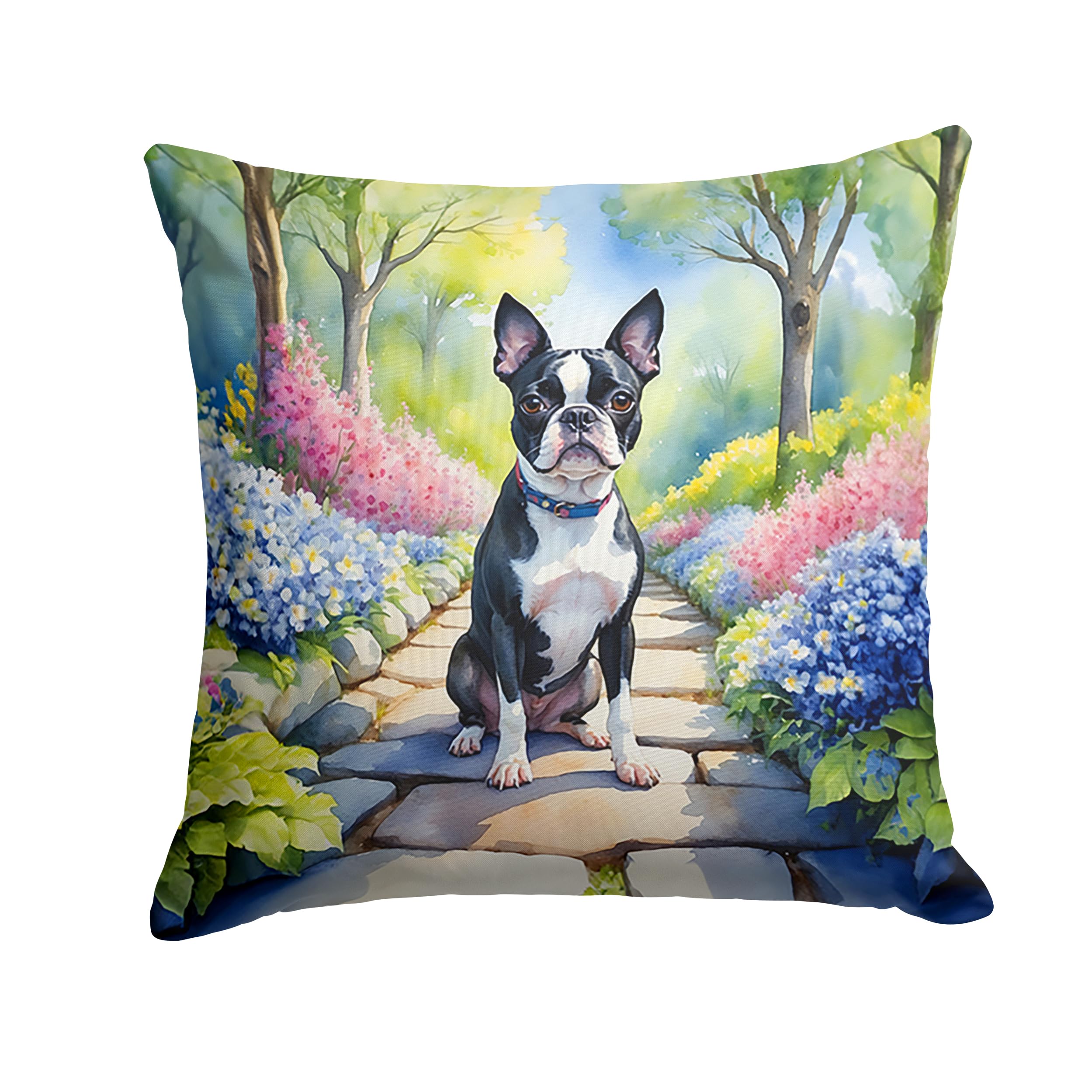Boston Terrier Spring Path Throw Pillow