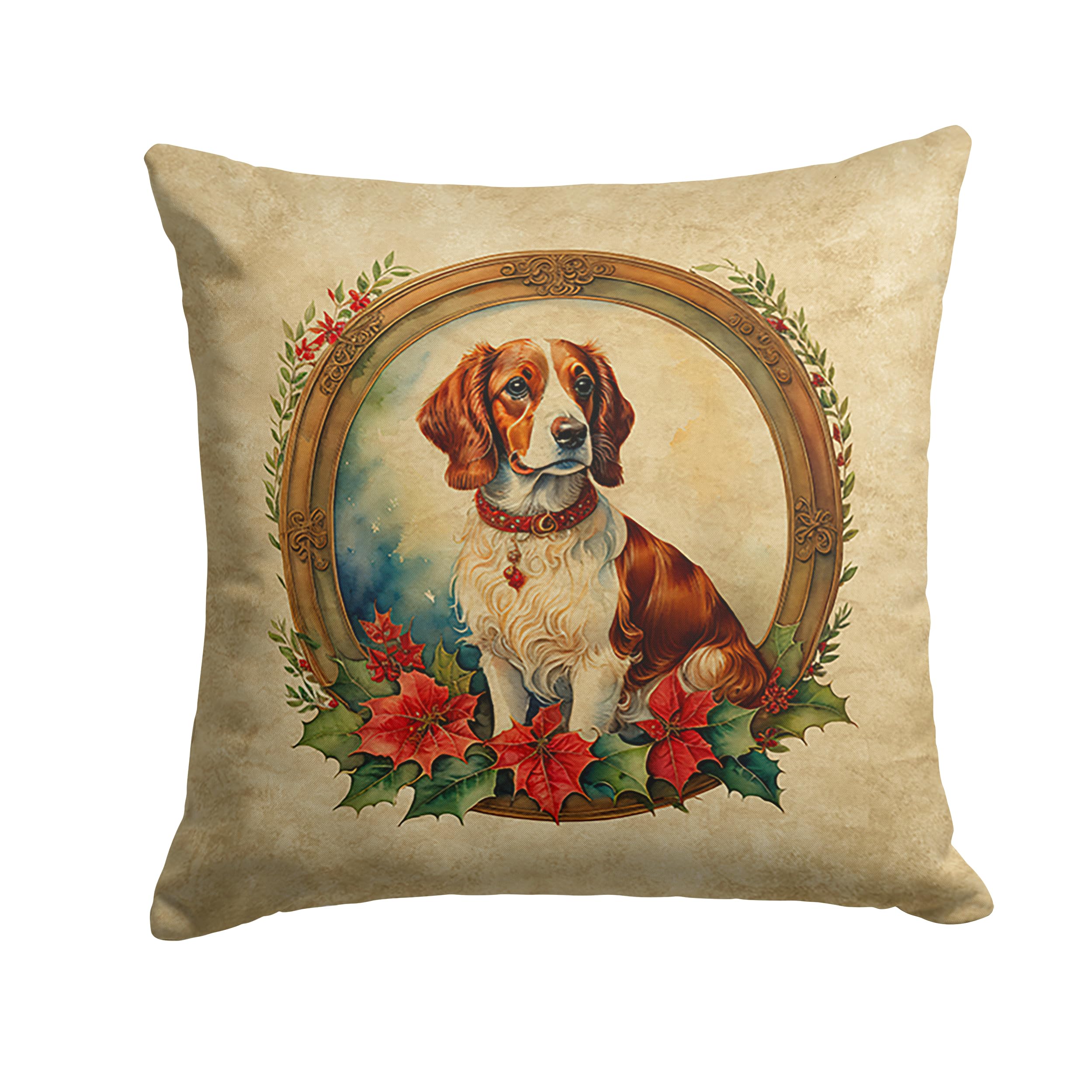 Brittany Spaniel Christmas Flowers Throw Pillow