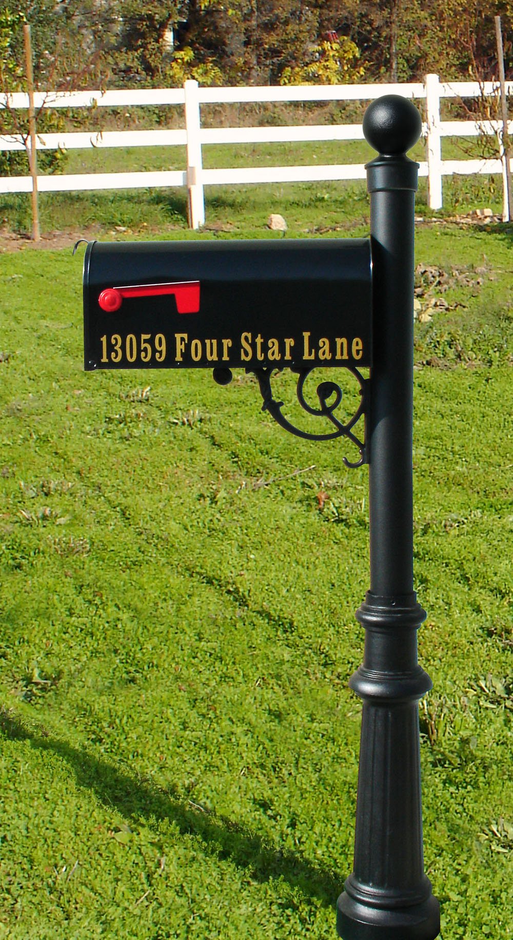 Lewiston post w/ economy #1 mailbox, ornate base in bronze color with black solar lamp