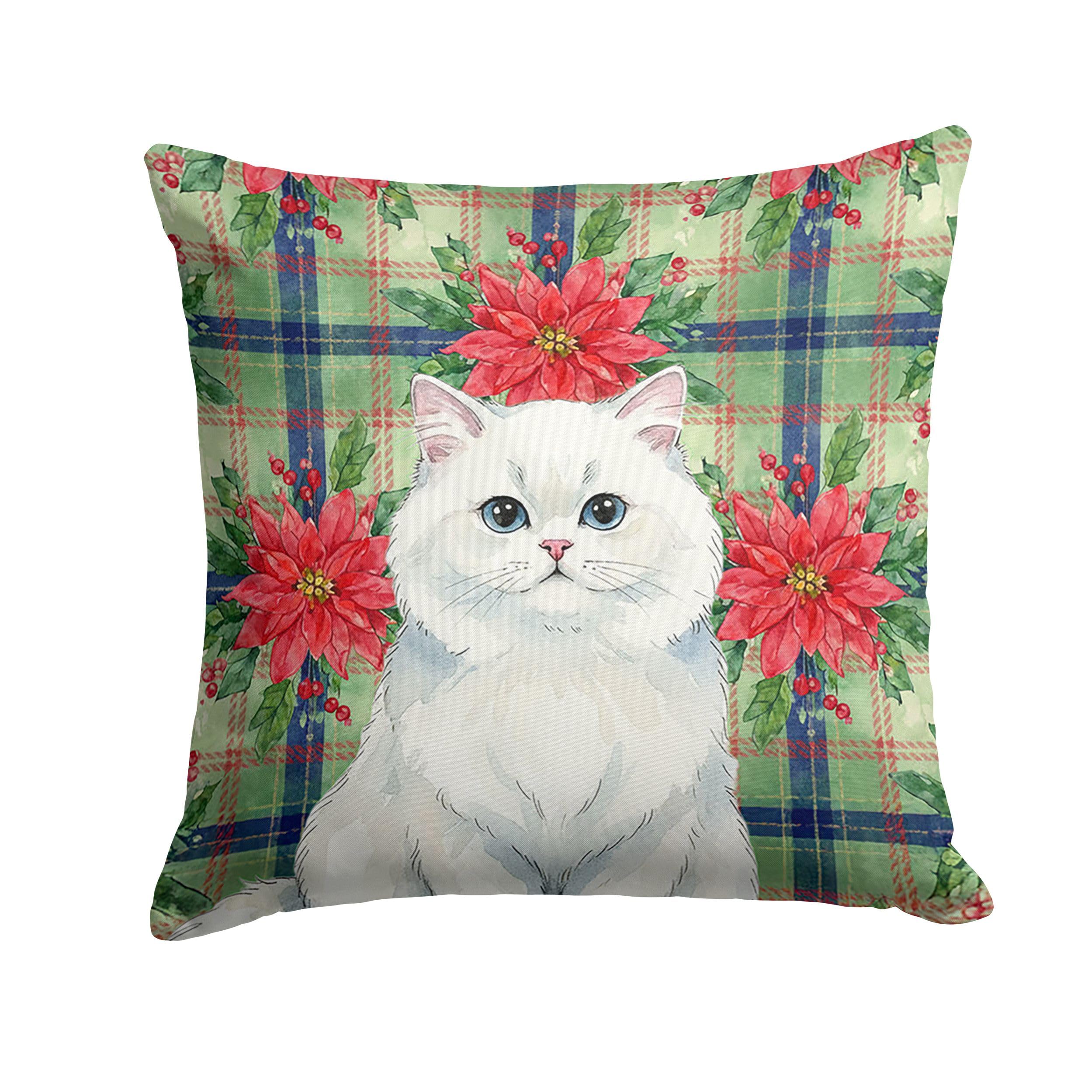 Carolines Treasures Persian White Cat with Poinsettias Throw Pillow Decorative Indoor Outdoor Accent Cushion for Couch, Bed or Patio, 18Hx18W