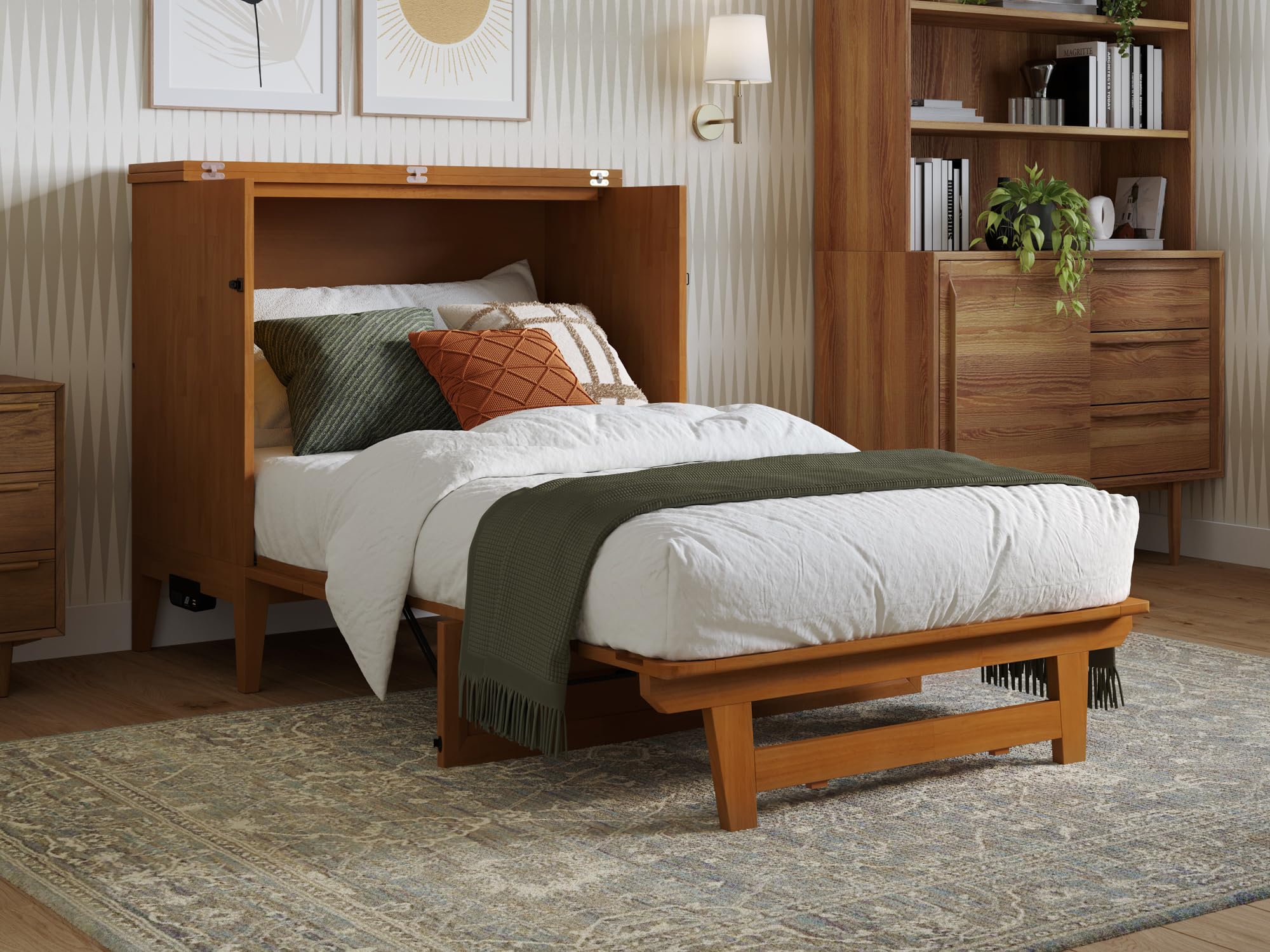 Santa Fe Twin Solid Wood Murphy Bed Chest with Mattress and Built-in Charger in Light Toffee