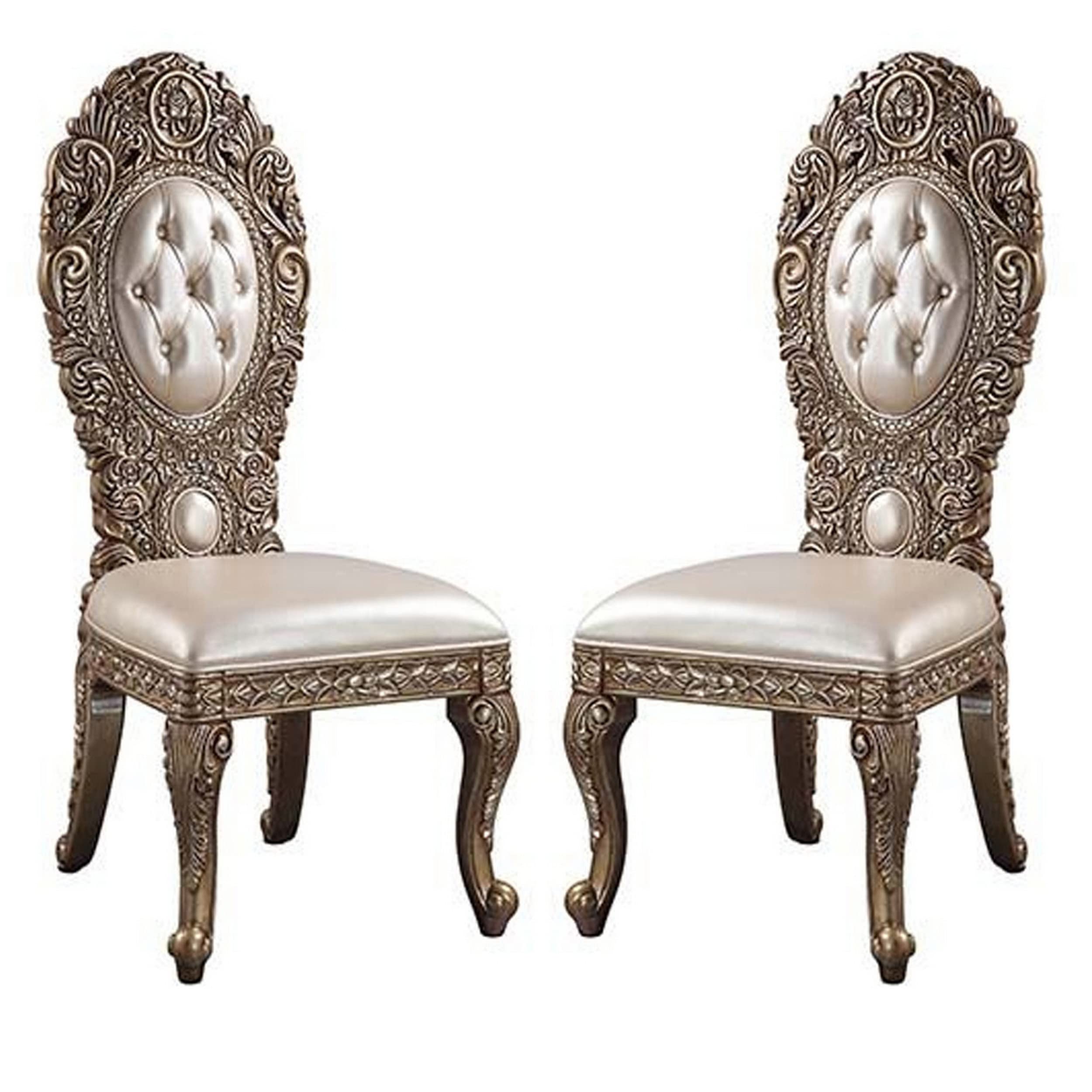 Side Chair with Intricate Carvings and Queen Anne Legs, Set of 2, Brown