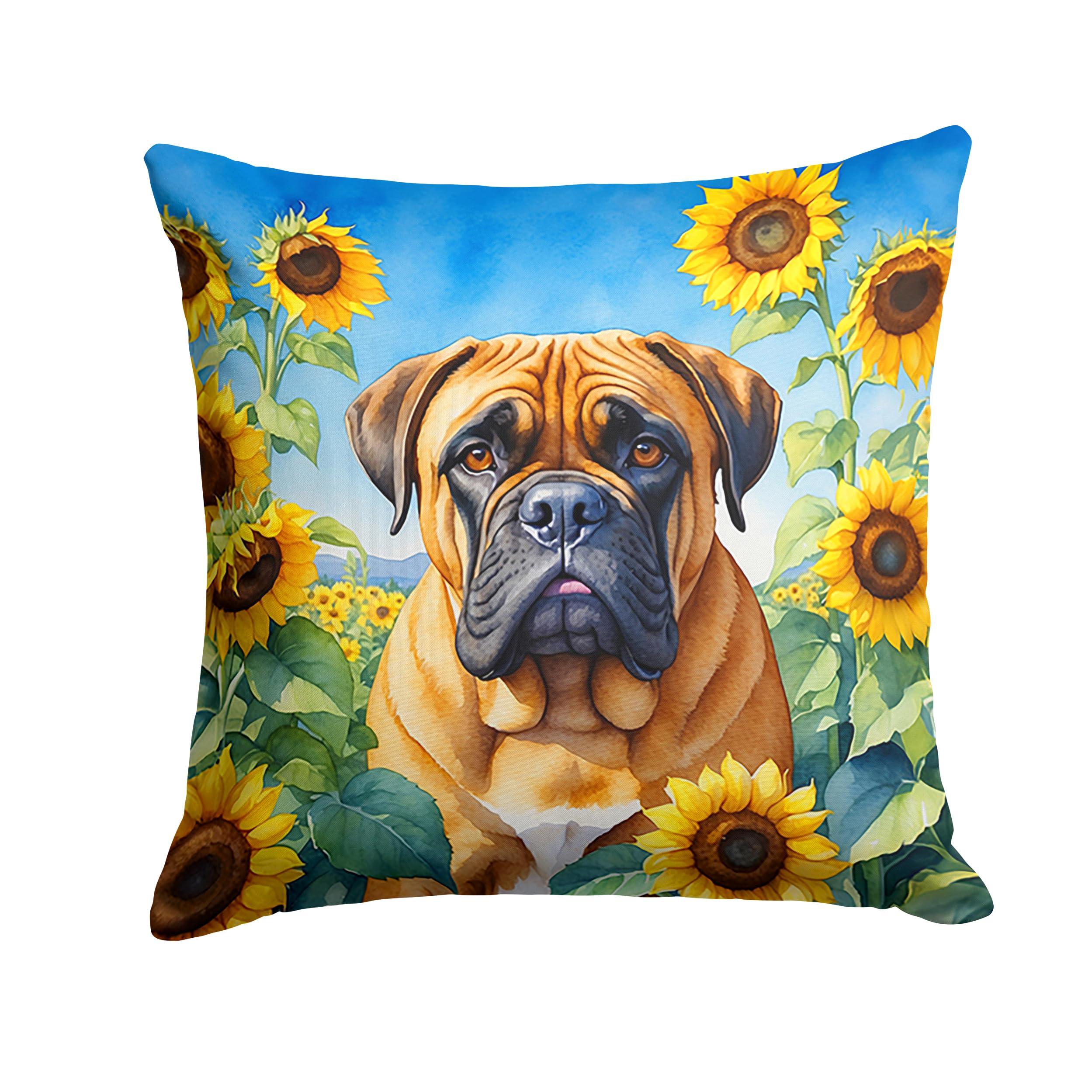Carolines Treasures in Sunflowers Throw Pillow, 18Hx18W, Bullmastiff 6042