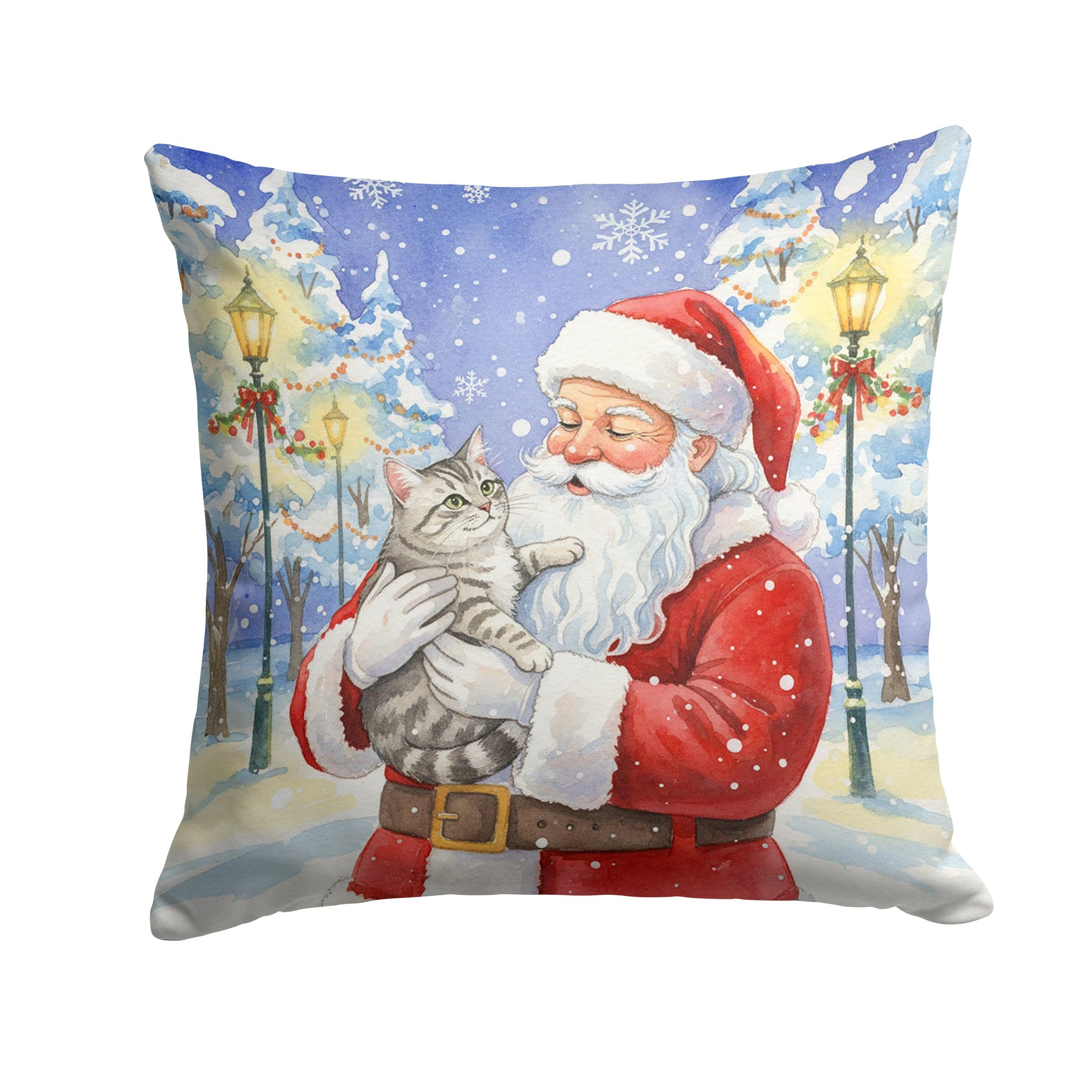 Carolines Treasures Silver Mackerel Tabby Cat with Santa Claus Throw Pillow Decorative Indoor Outdoor Accent Cushion for Couch, Bed or Patio, 18Hx18W