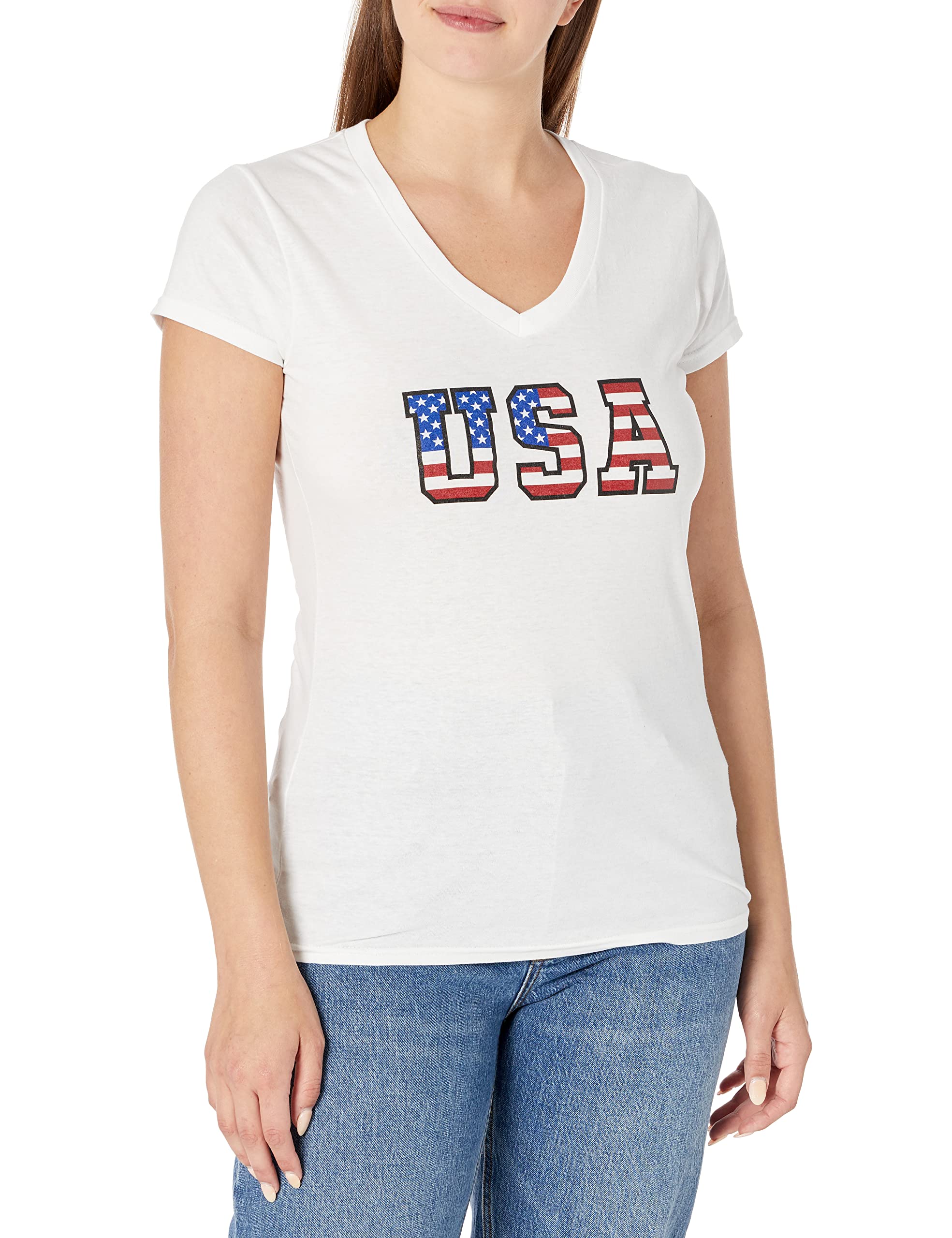 Graphic V-Neck, Flag Text 2, White, M