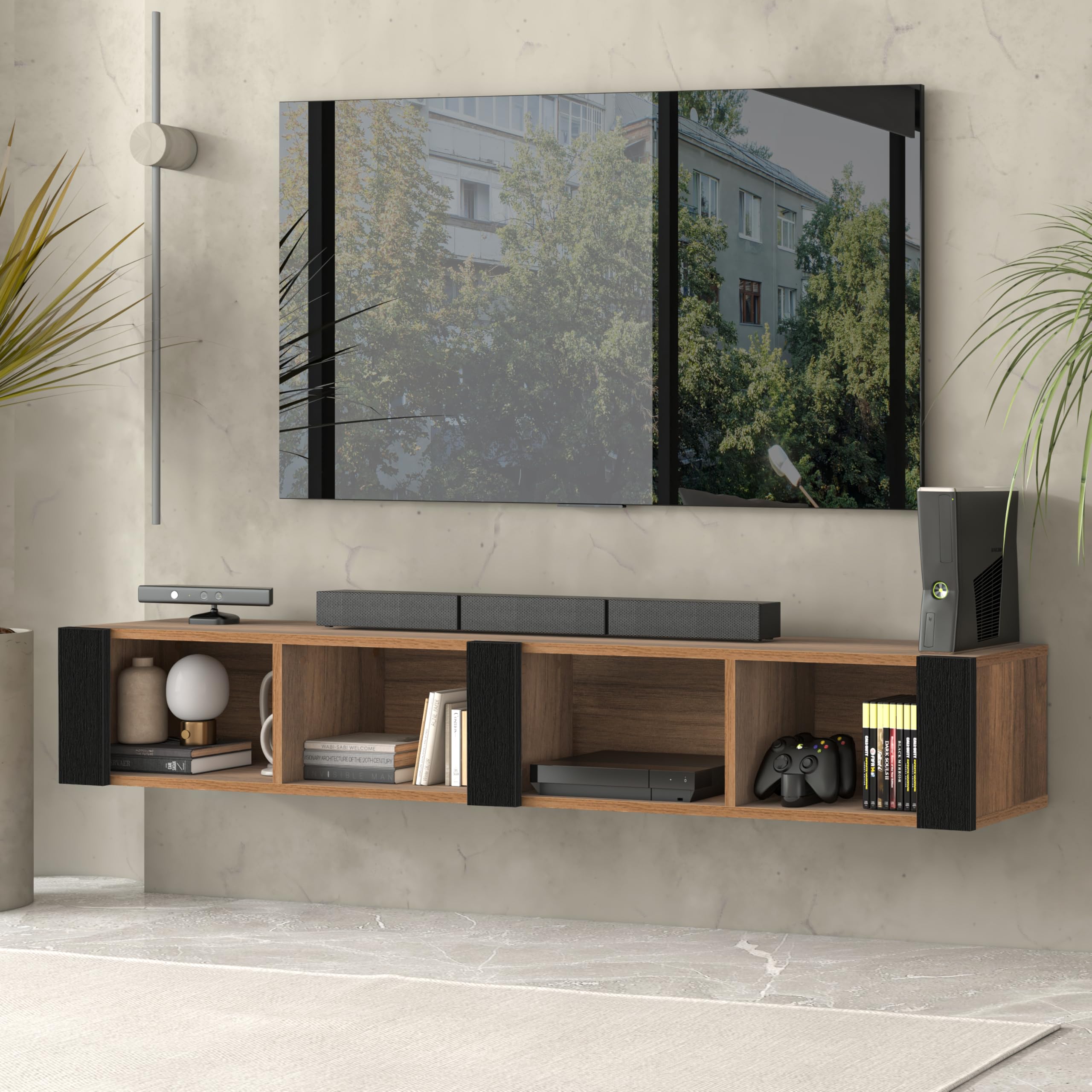 Atelier Mobili Floating TV Stand for 75 Inch TVs  Wall Mounted Entertainment Center with Open Storage Shelves  Modern Floating TV Console for Living Room & Bedroom  Oak and Walnut Finish (Walnut)