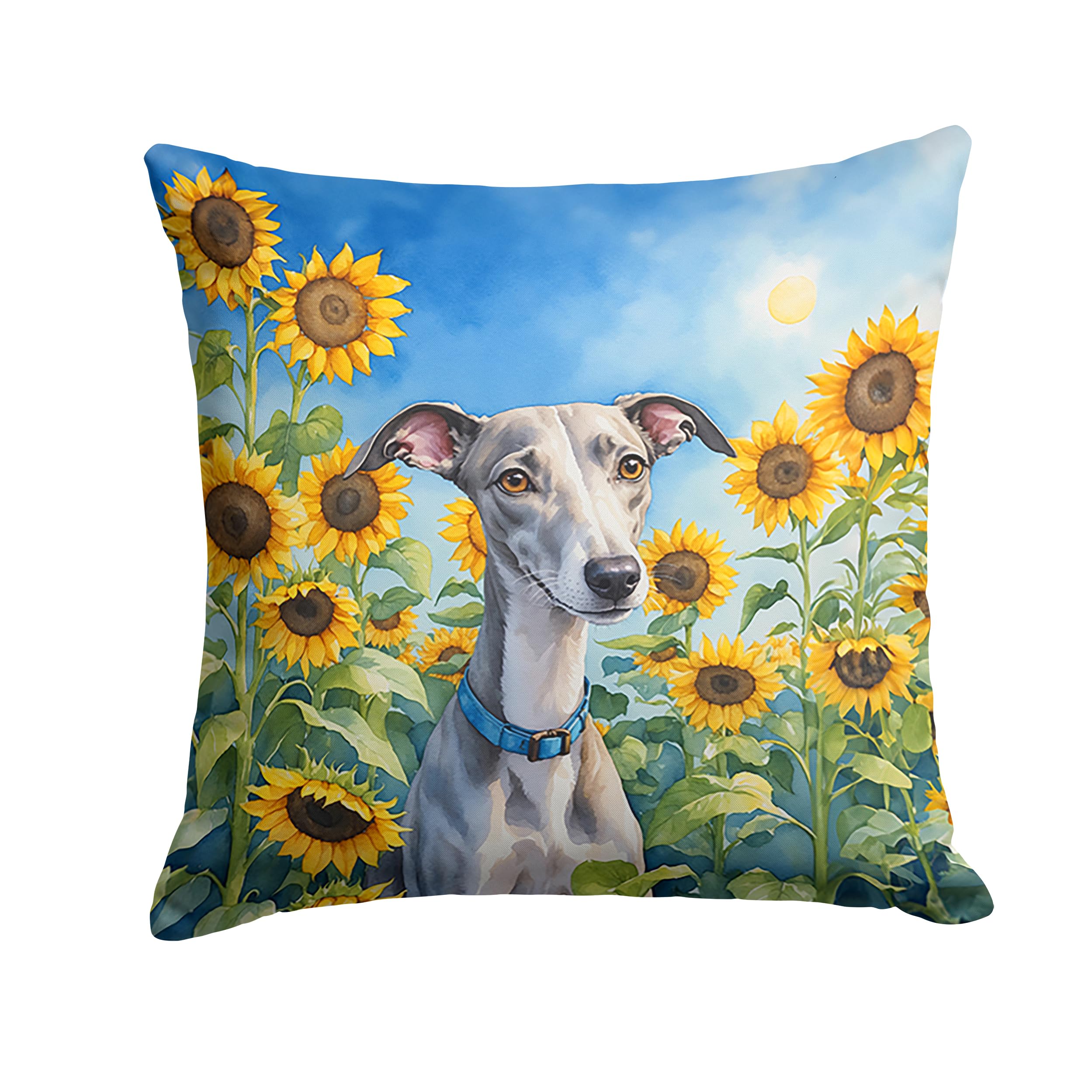 Carolines Treasures in Sunflowers Throw Pillow, 18Hx18W, Whippet 6176