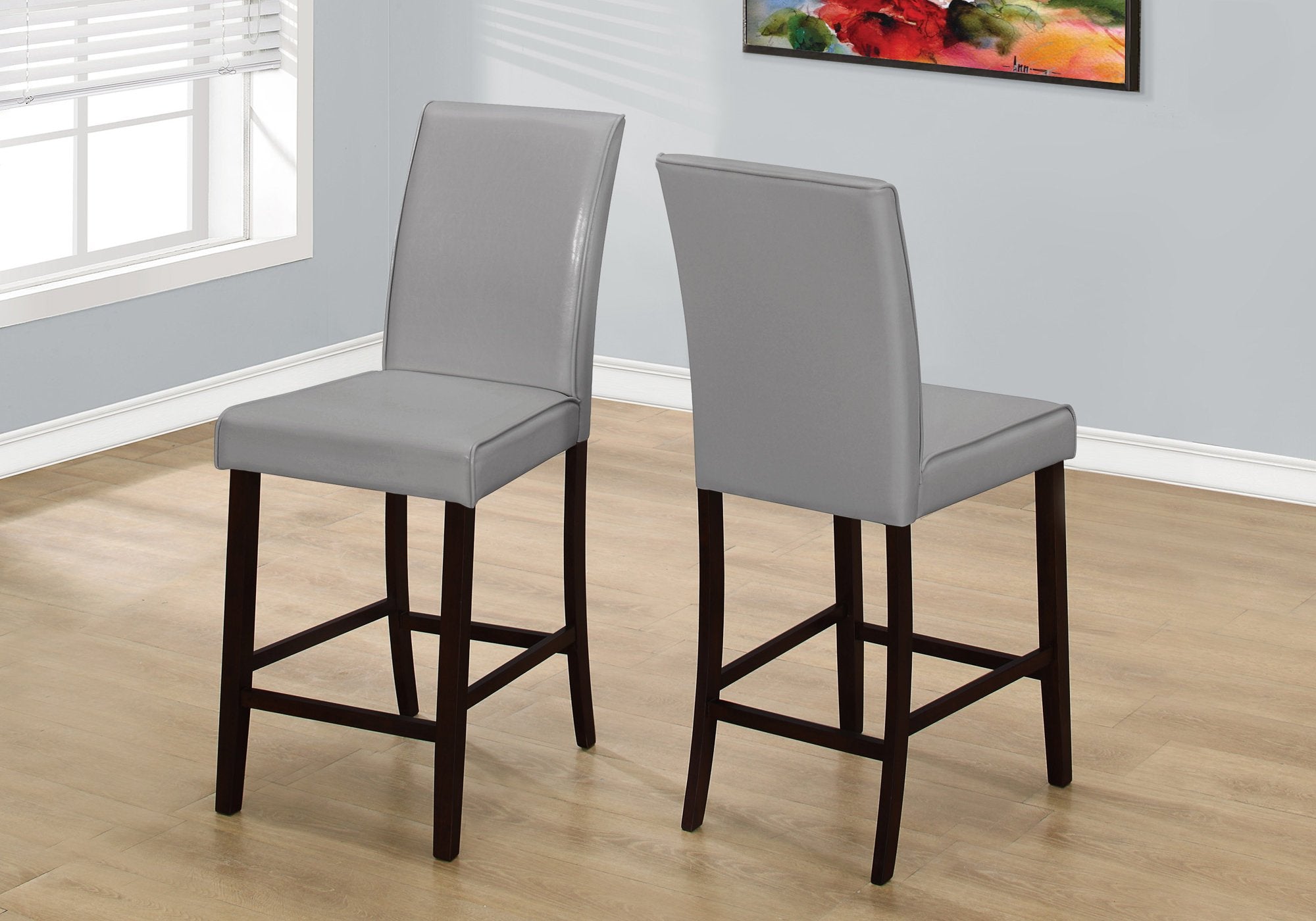 Dining Chair, Set Of 2, Counter Height, Upholstered, Kitchen, Dining Room, Pu Leather Look, Wood Legs, Grey, Brown, Transitional