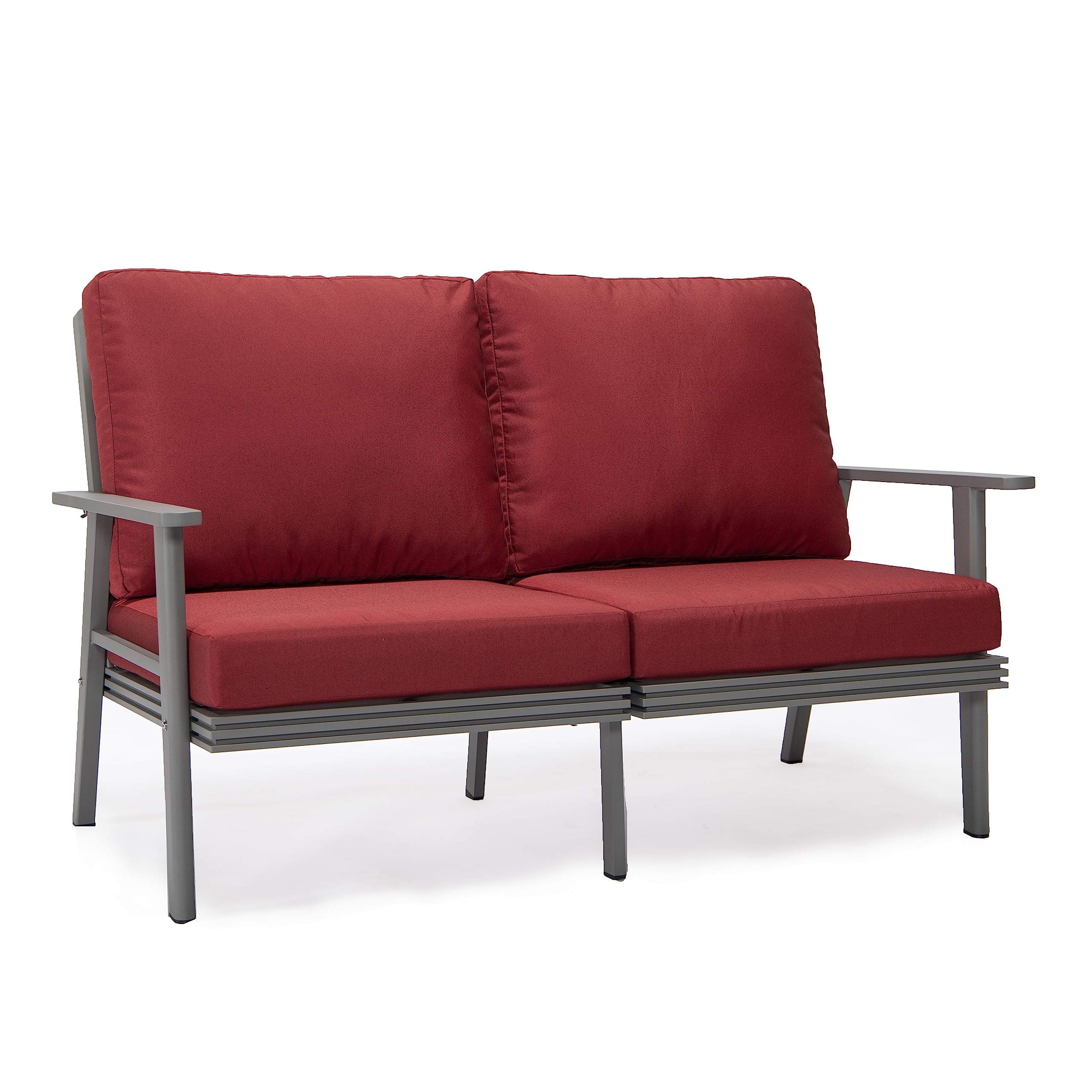 Leisuremod Walbrooke Modern Outdoor Loveseat With Grey Aluminum Frame And Removable Cushions For Patio And Backyard Garden, Red