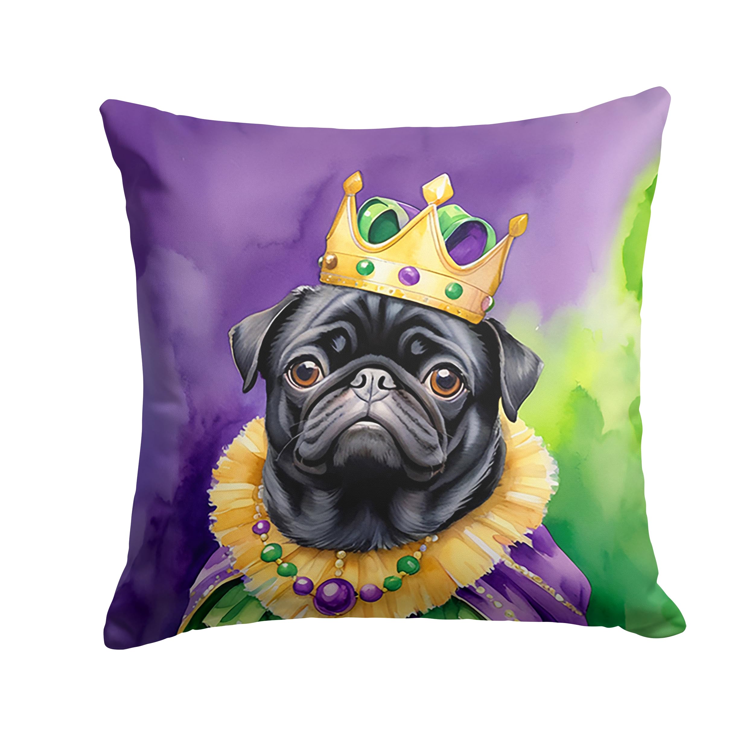 Carolines Treasures Black Pug King of Mardi Gras Throw Pillow Machine Washable, Indoor Outdoor Decorative Pillow for Couch, Bed or Patio, 14Hx14W