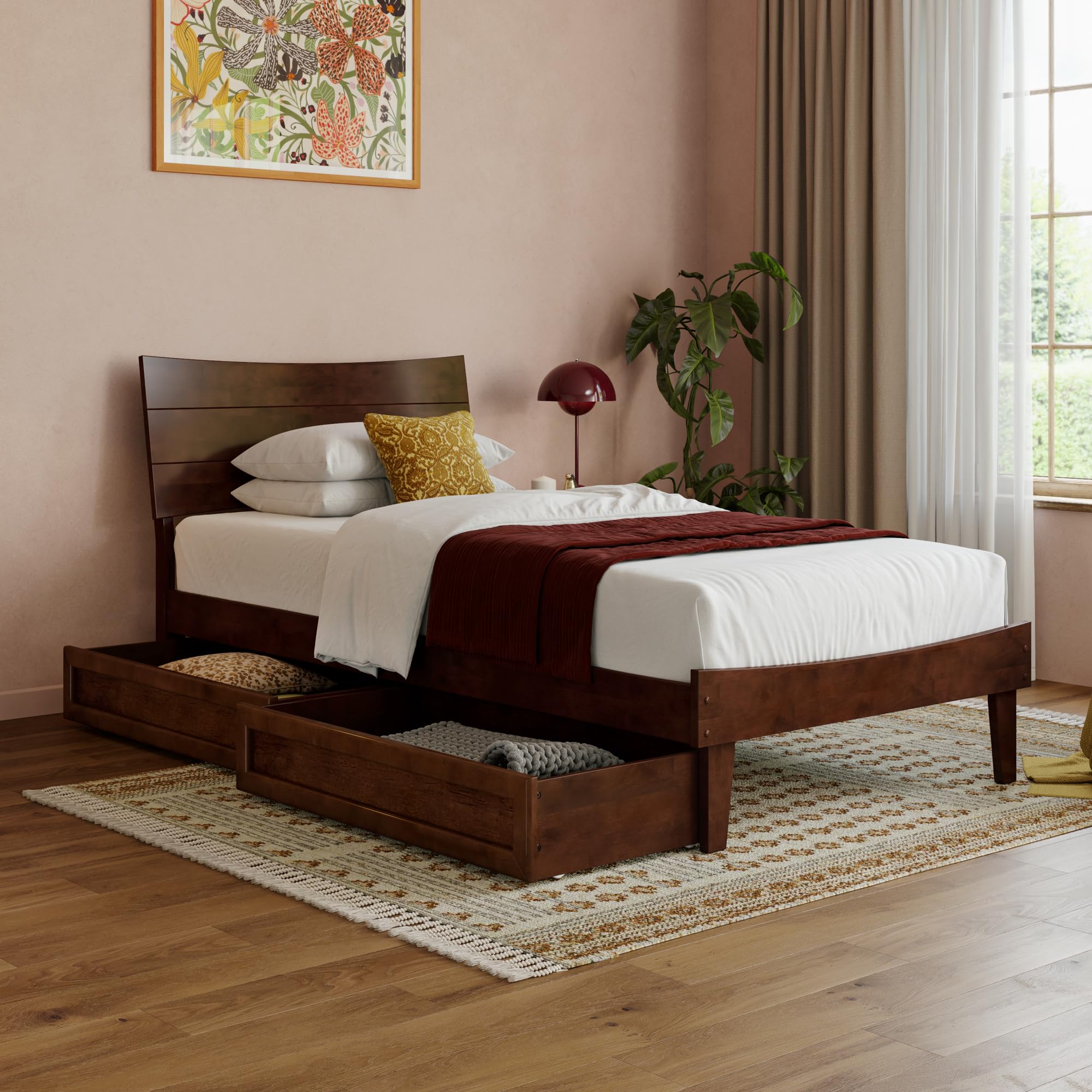 Phoenix Twin XL Platform Bed with Storage Drawers in Walnut