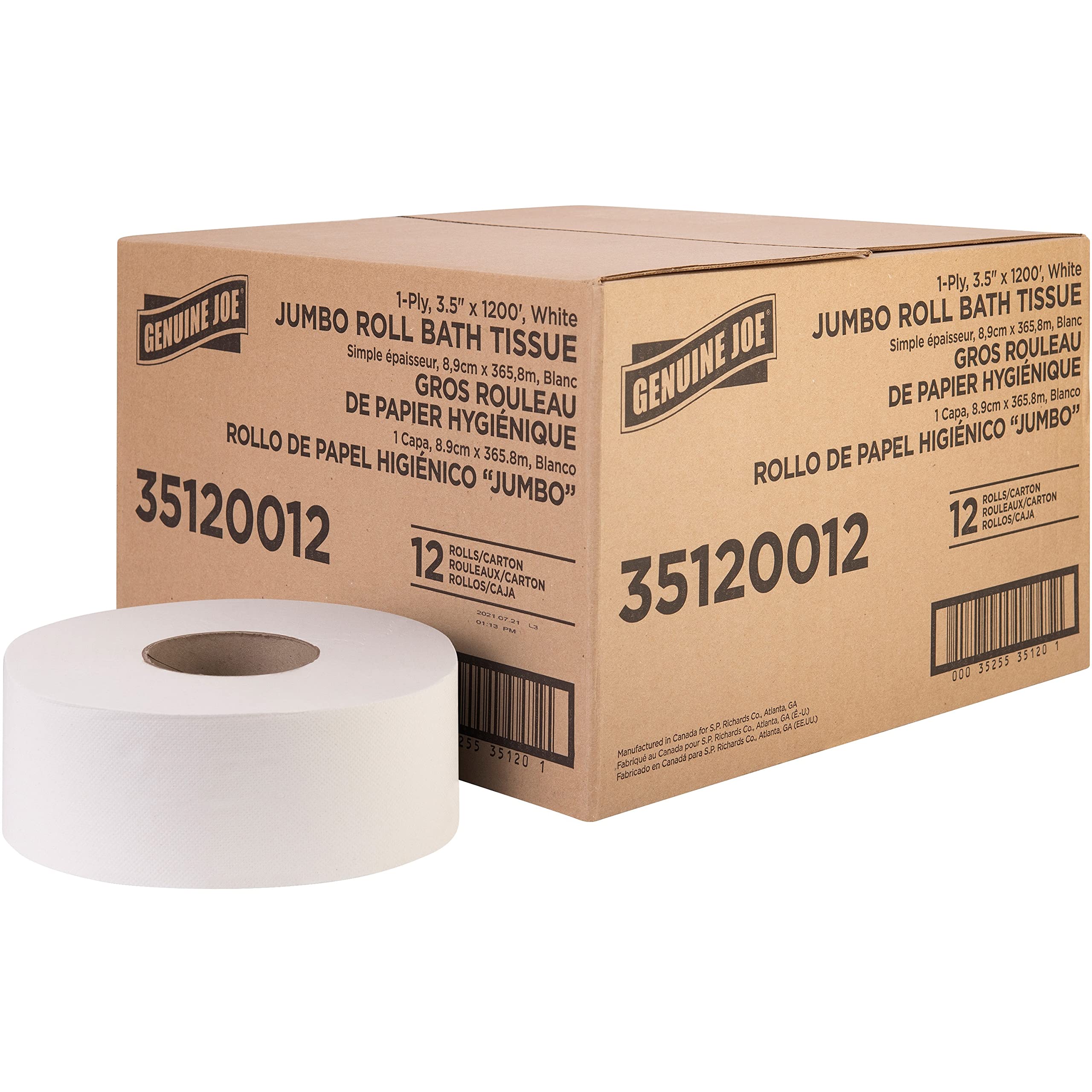 Genuine Joe 1-ply Jumbo Roll Bath Tissue - 1 Ply - 3.63 x 1200 ft - 8.88” Roll Diameter - White - Fiber - 12 / Carton