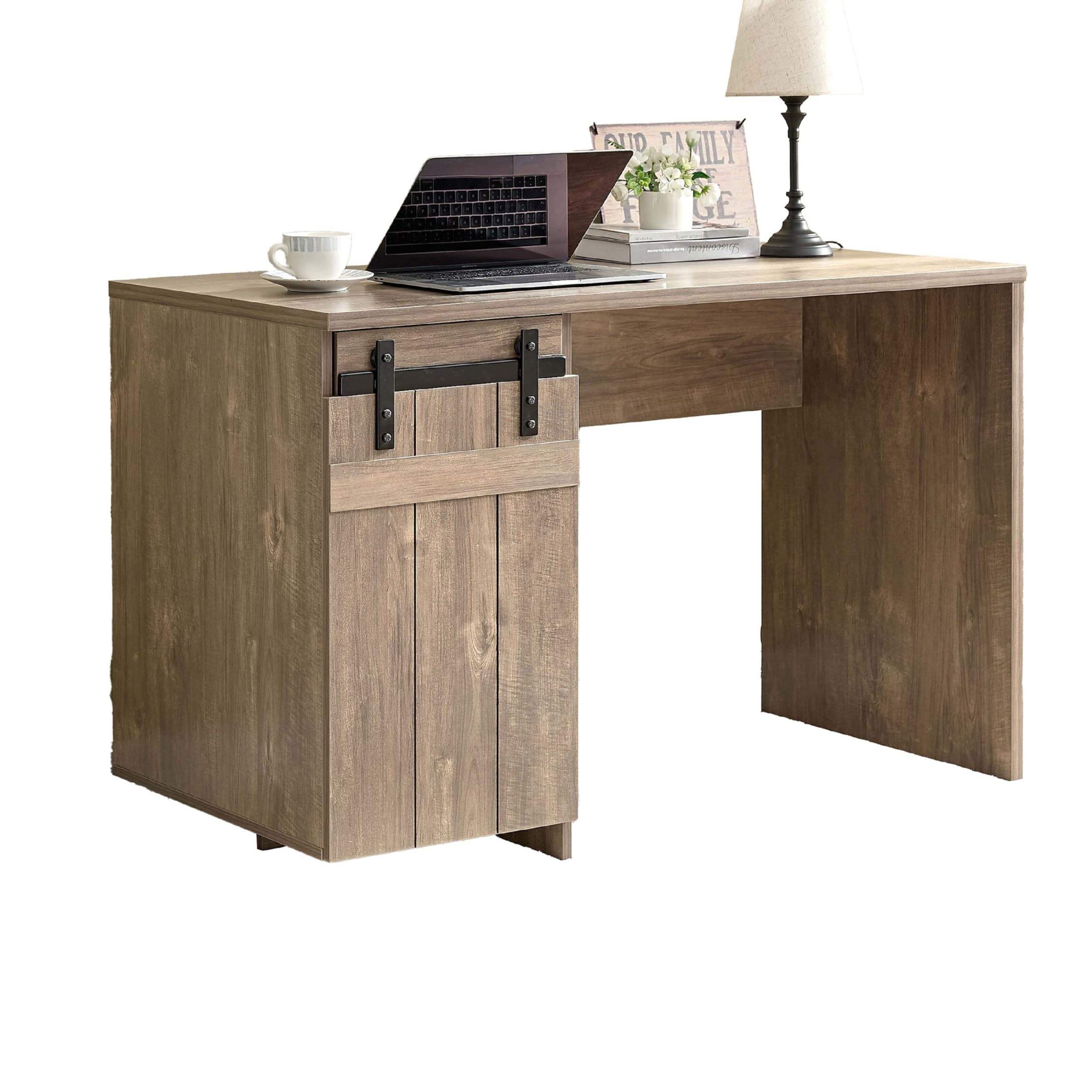 Fior Home Writing Desk, 47 Inch, Hazelnut Brown Wood, Faux Barn Door