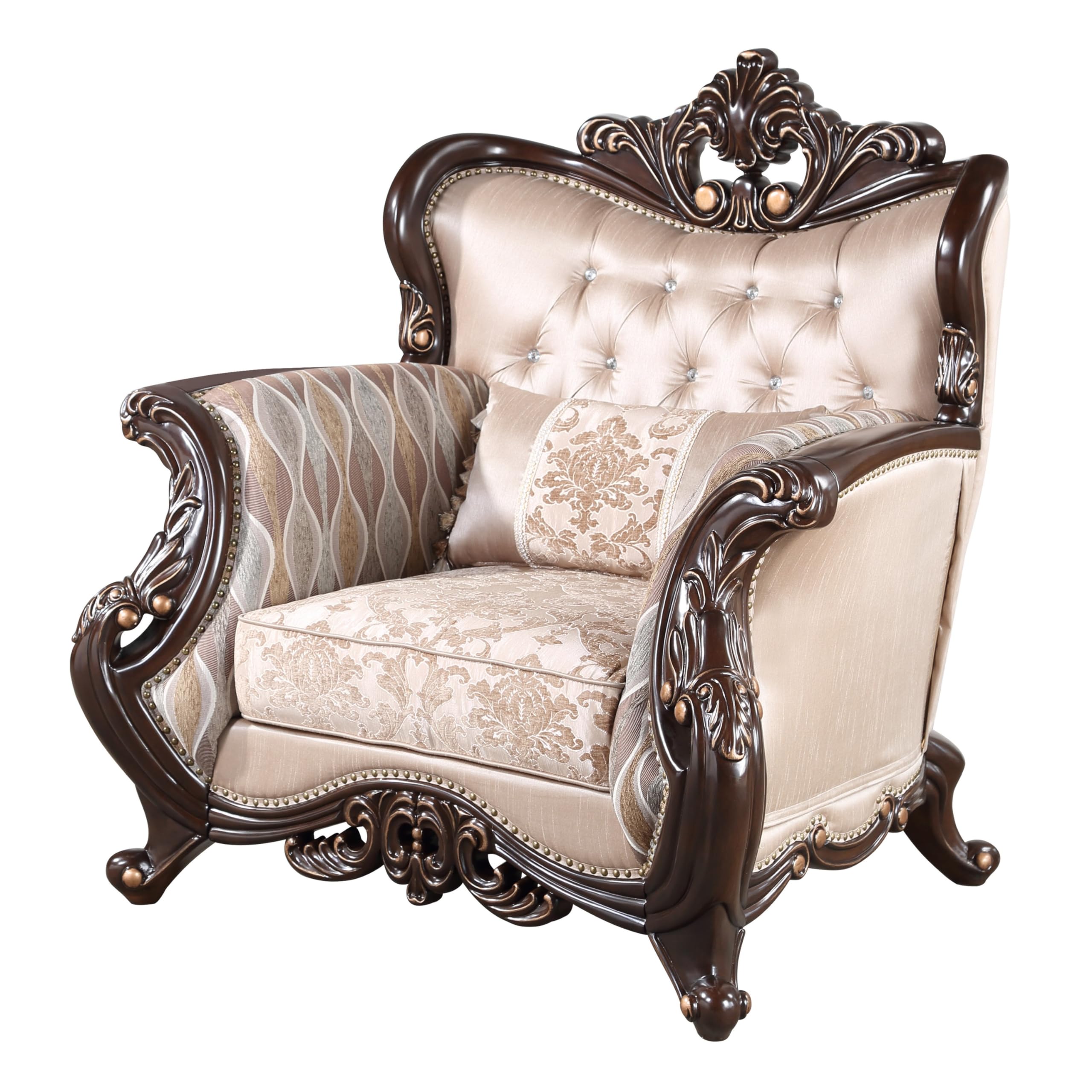 Cona 39 Inch Accent Chair, Gold Carved Details, Brown, Button Tufted Beige