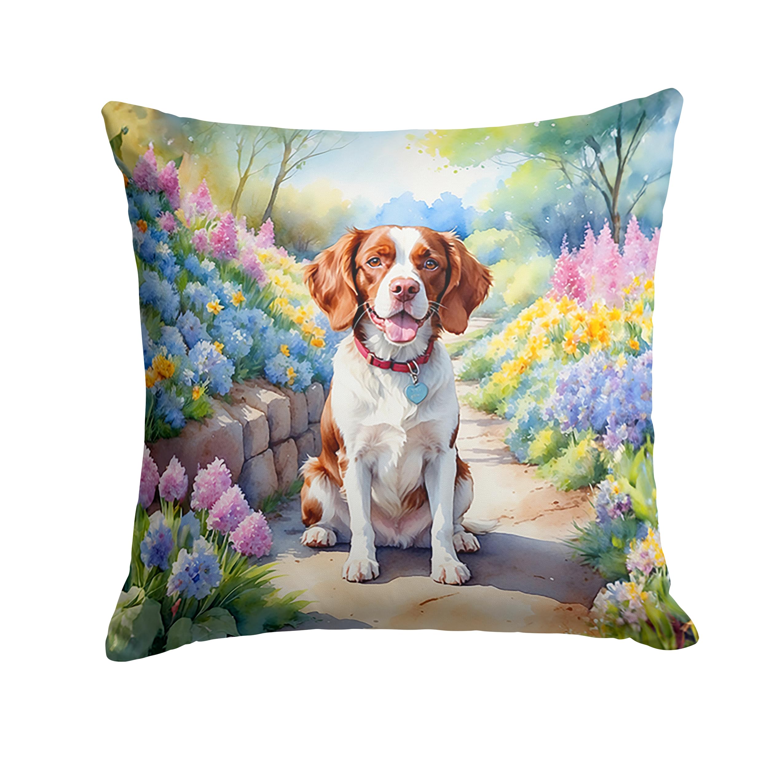 Carolines Treasures Brittany Spaniel Spring Path Throw Pillow Machine Washable, Indoor Outdoor Decorative Pillow for Couch, Bed or Patio, 18Hx18W