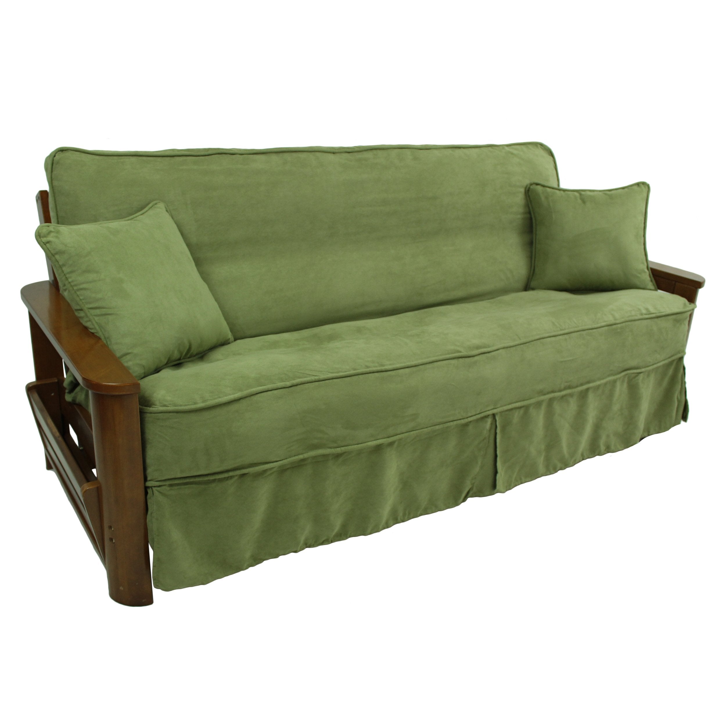Solid Microsuede Double Corded 8 to 9-inch Full Futon Slipcover Set with Two 18-inch Throw Pillows (Set of 3) - Sage Green