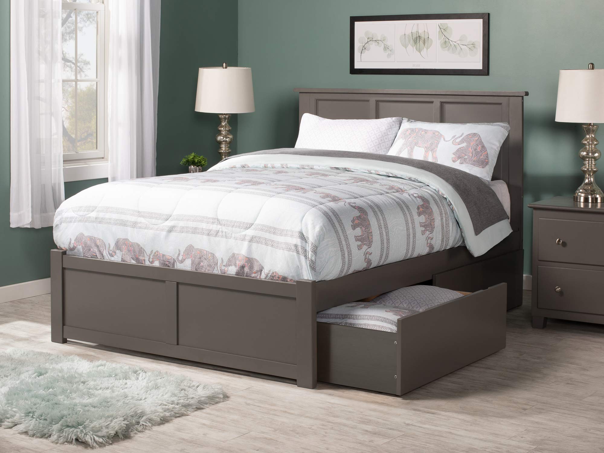 Madison Full Solid Wood Platform Bed with Footboard & 2 Storage Drawers in Grey