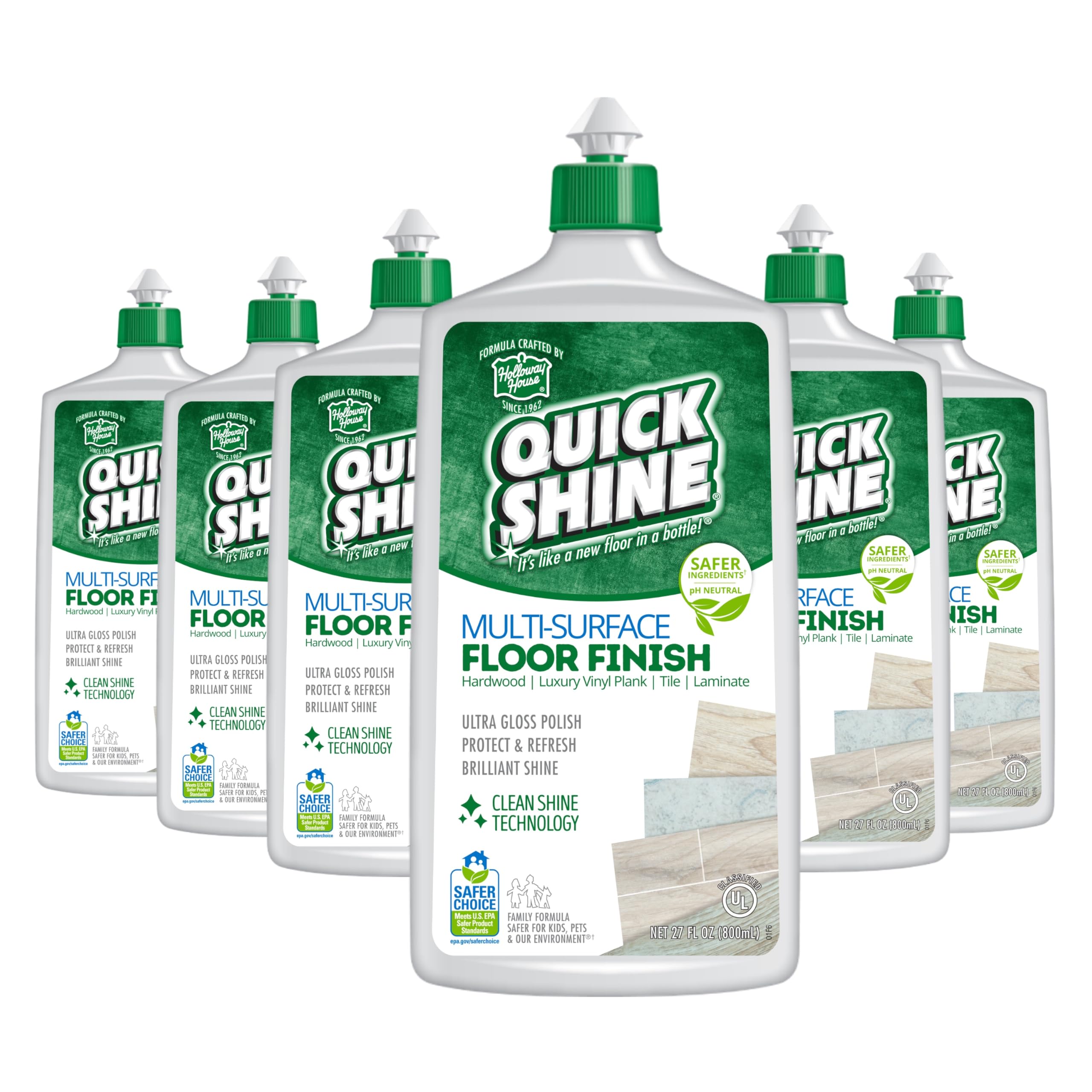 Quick Shine Multi Surface Floor Finish 27Oz, 6Pk | Cleaner & Polish To Use On Hardwood, Laminate, Luxury Vinyl Plank Lvt, Tile & Stone | Safer Choice W/Clean Shine Technology | Shine-Protect-Refresh