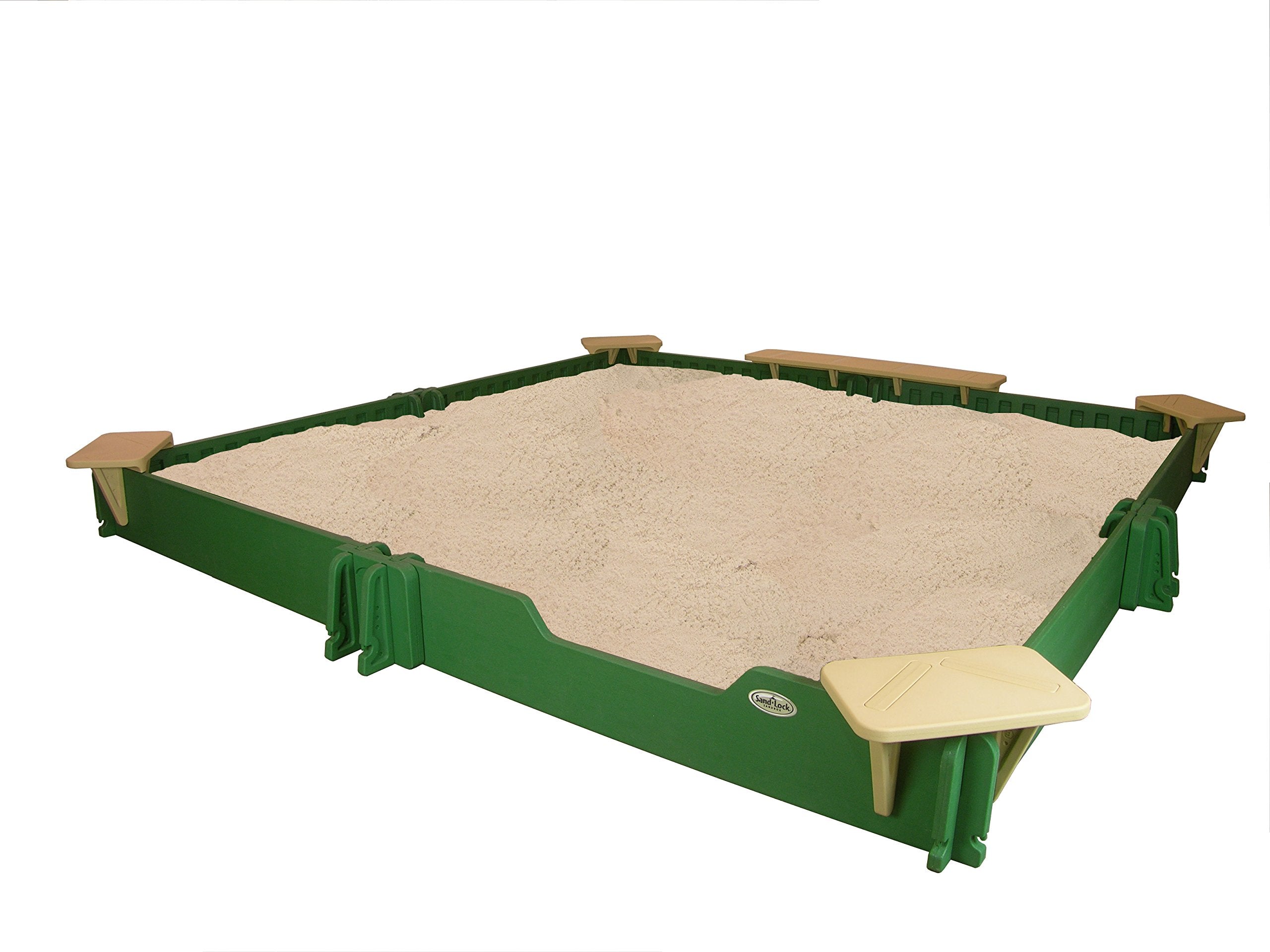 10 by 10 Sandbox - With Cover, 4-Corner Seats, 1-Bench Seat, Ground Barrier, 32 Stakes