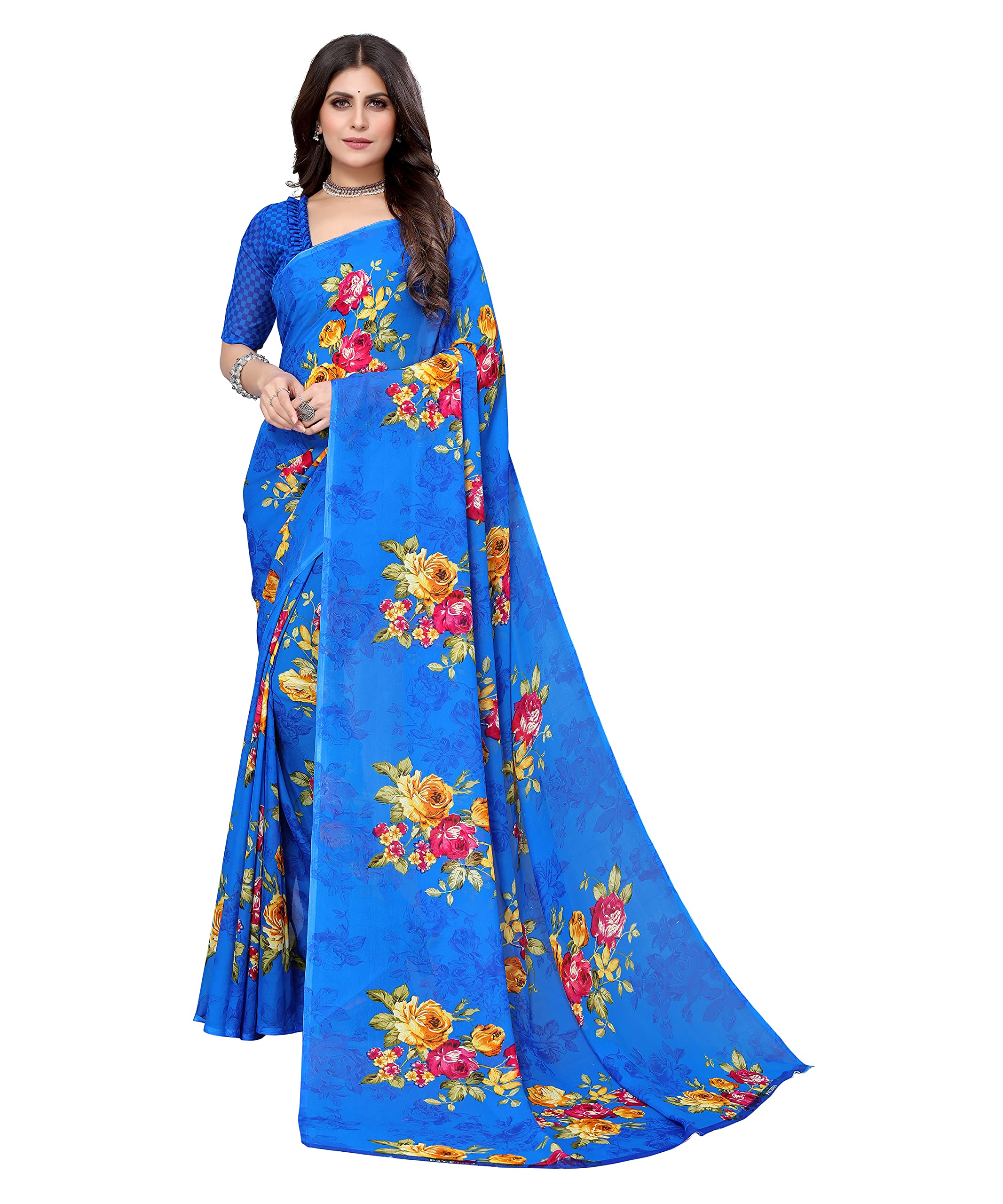 Yashika Women's Plain Polyester Printed Georgette Saree (APEXA Blue