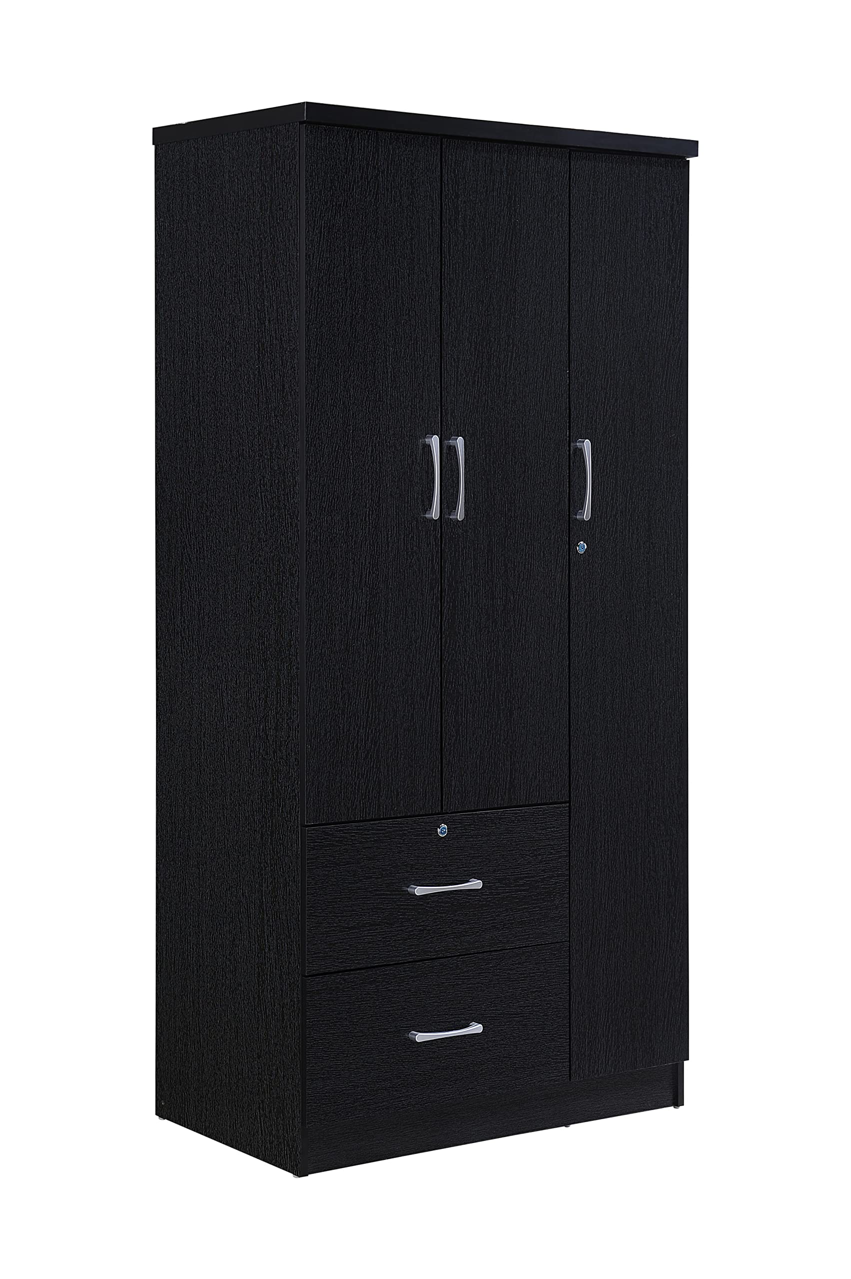 Hodedah 3-Door Armoire with 2-Drawers, 3-Shelves in Black