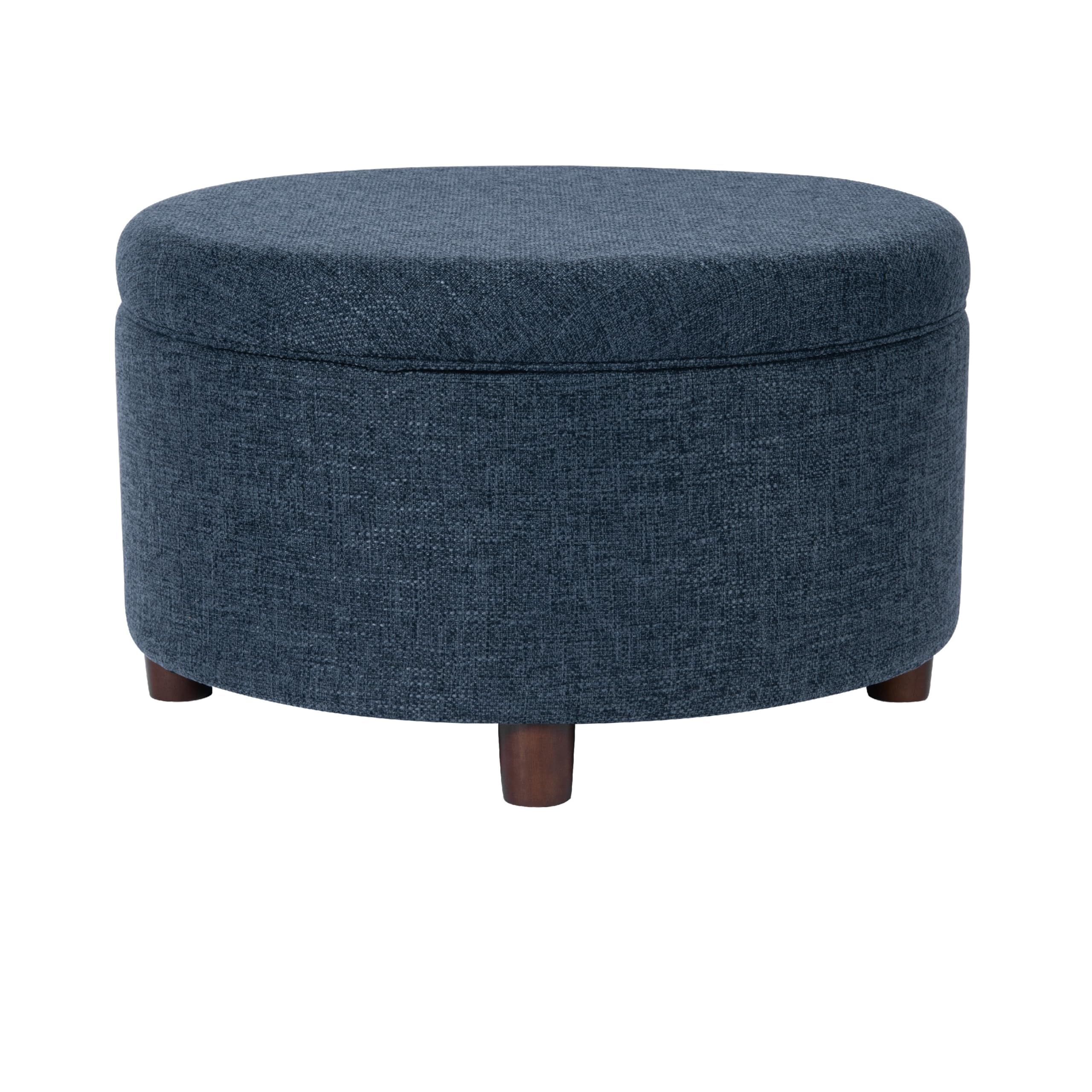 Modern Storage Ottoman, 28 Inch Round Lift Top, Navy Blue Woven Fabric