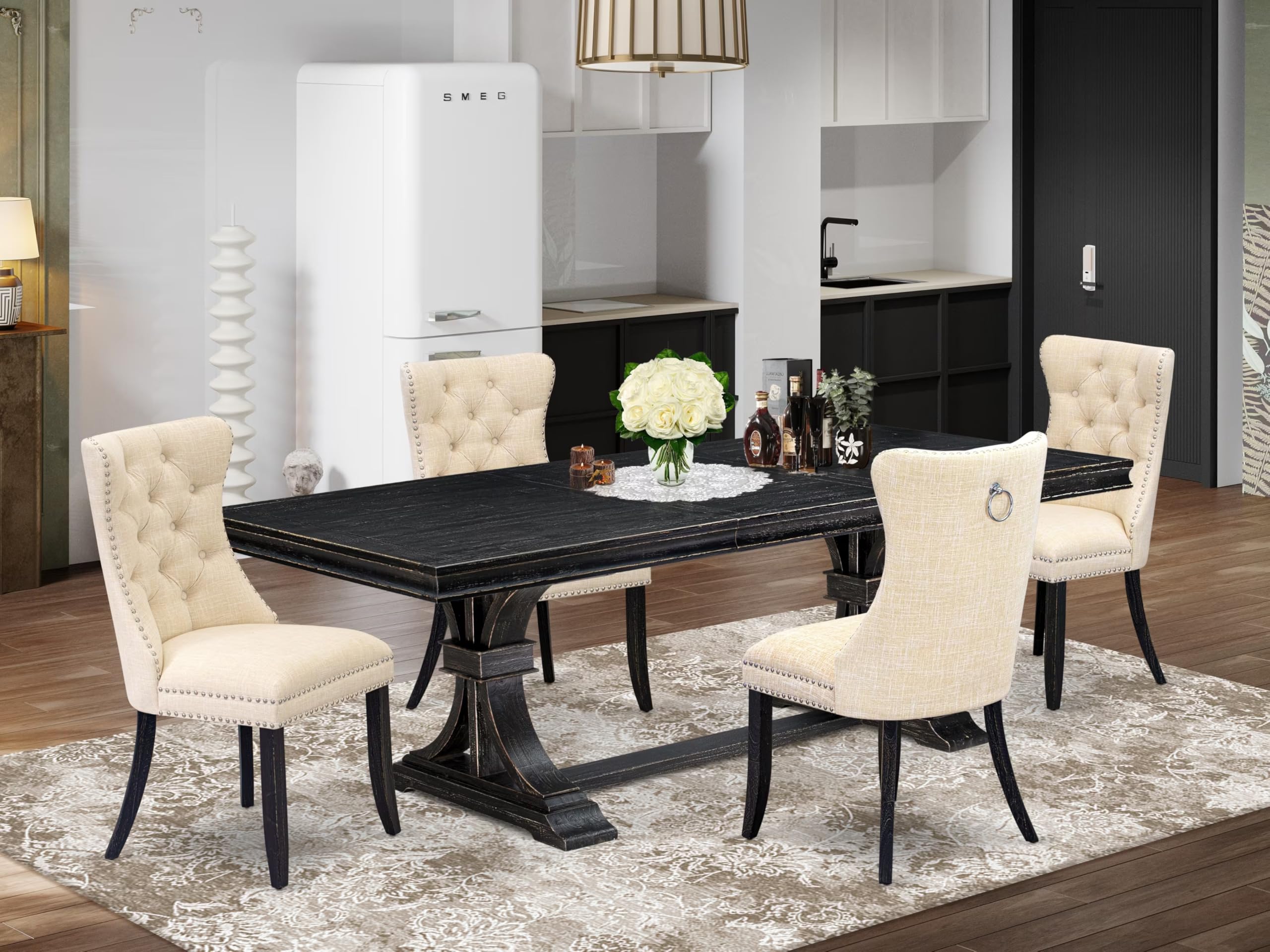 5 piece kitchen table set of a dinner table and 4 Linen Fabric kitchen chairs